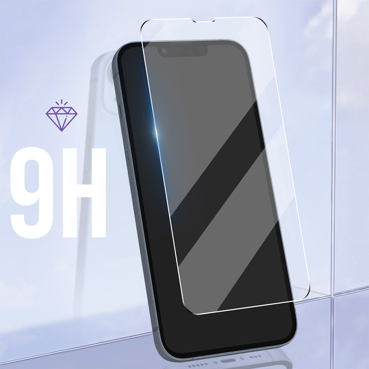 Uno smartphone con una protezione schermo applicata. Un'icona a diamante e il testo '9H' sono visibili.