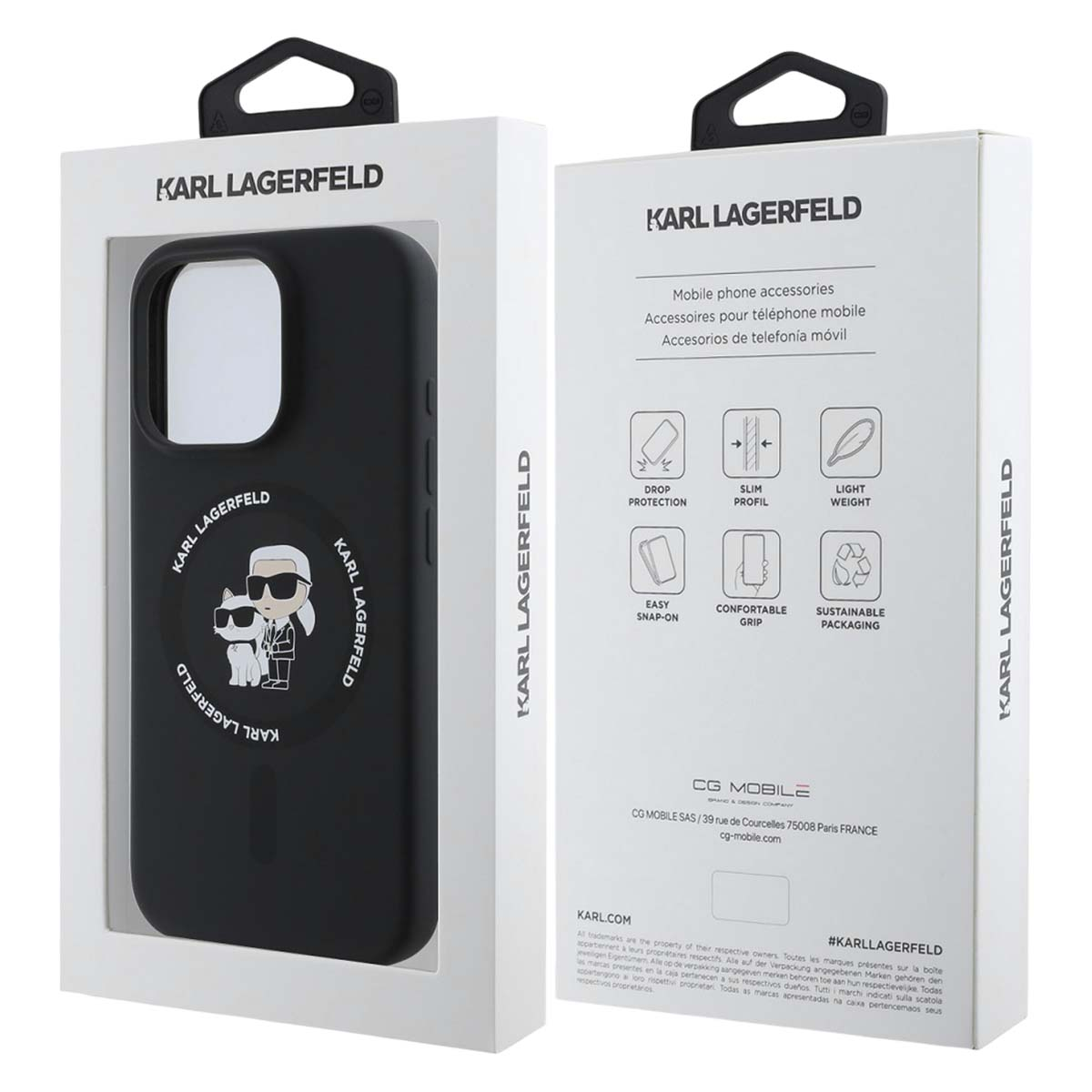 Una funda de teléfono en una caja. La funda es negra con el logo de Karl Lagerfeld. La caja es blanca con texto e imágenes.