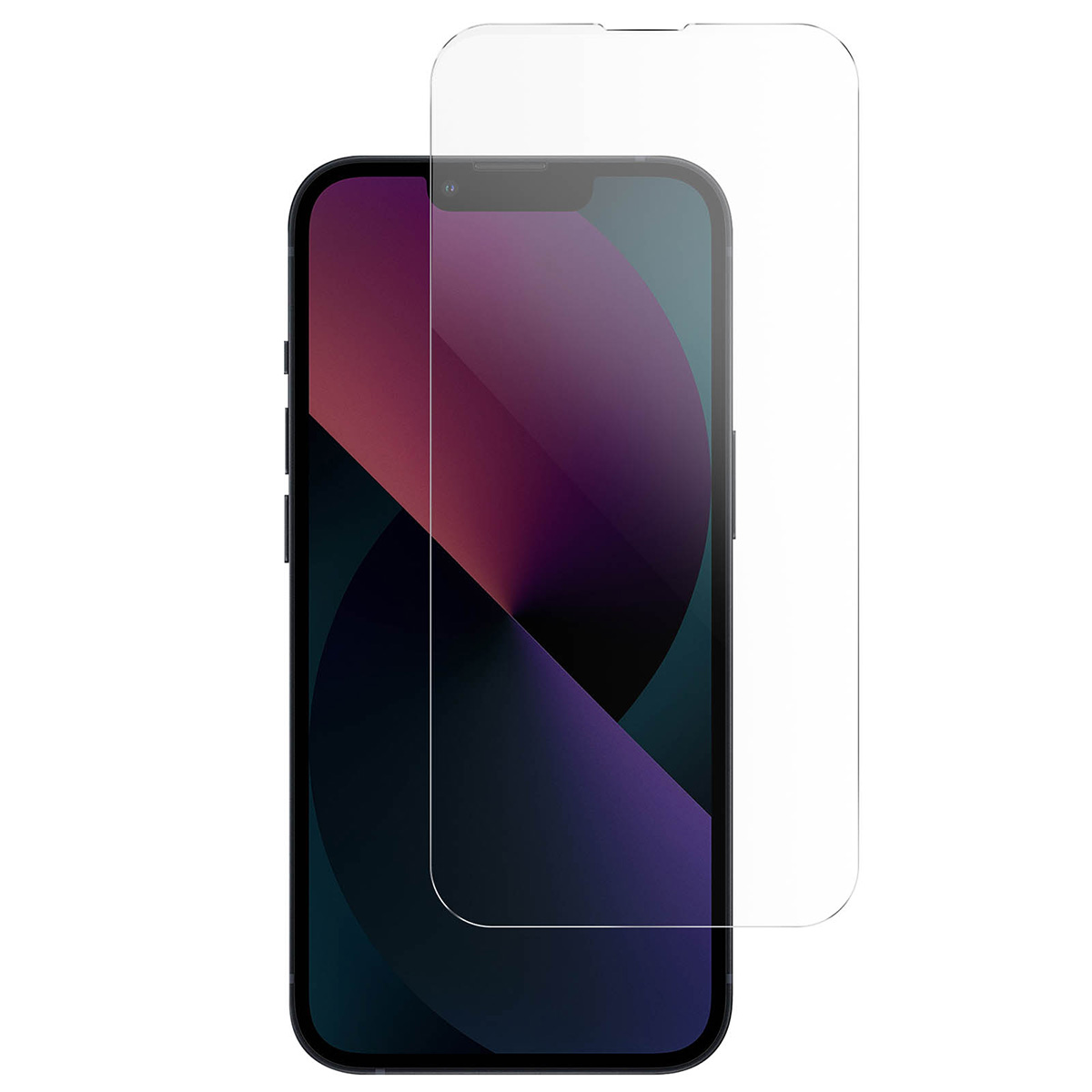 Un smartphone avec un protecteur d'écran. Le téléphone a un cadre noir, l'écran affiche un dégradé violet et noir. Le protecteur est transparent.