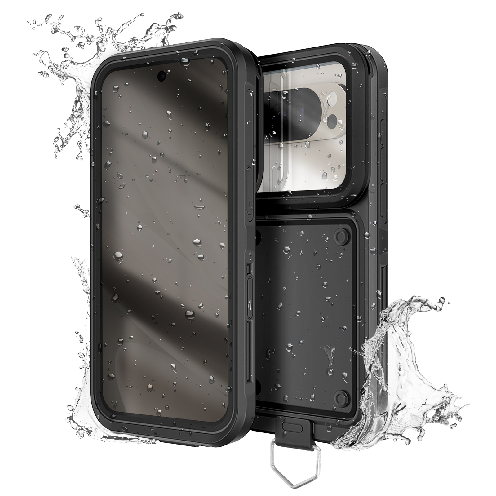 Schwarze Handyhülle mit Wassertropfen. Das Telefon ist zweiteilig. Wasser spritzt herum. Weißer Hintergrund.