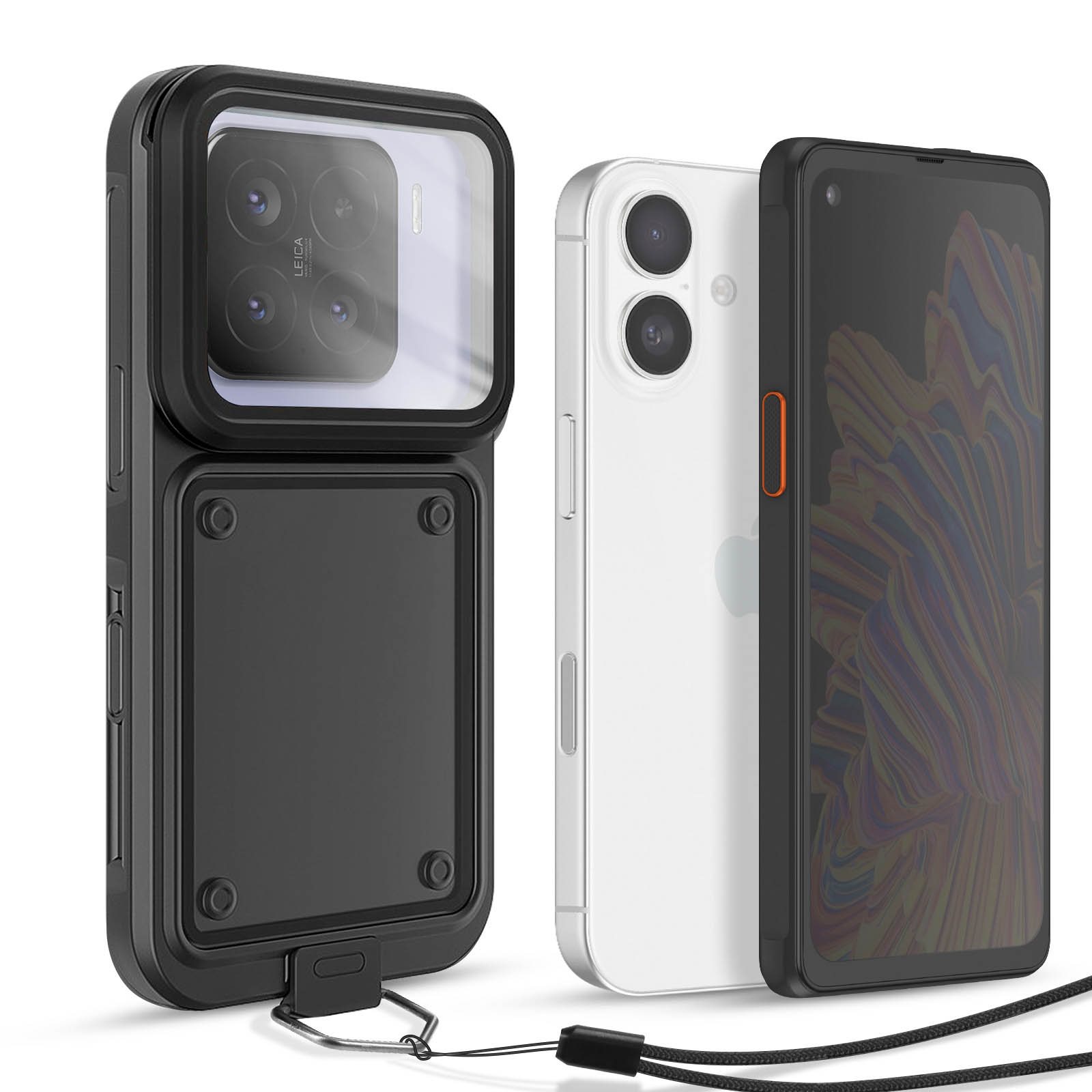 Drei Smartphones. Eine schwarze Hülle mit Kamera, eine weiße und eine schwarze mit einem Muster.