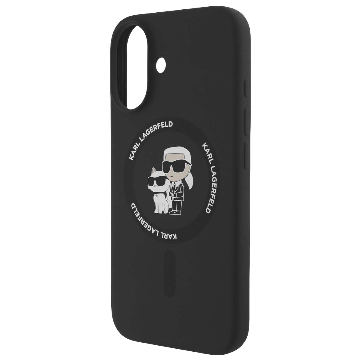 Custodia nera per telefono con logo Karl Lagerfeld. Raffigura Karl e un gatto, entrambi con occhiali da sole.