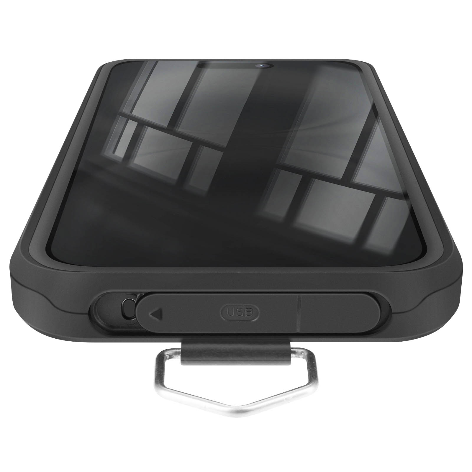 Schwarzes Gerät mit reflektierendem Bildschirm. Es hat einen USB-Anschluss und eine Metallschlaufe. Fenster spiegeln sich auf dem Bildschirm.