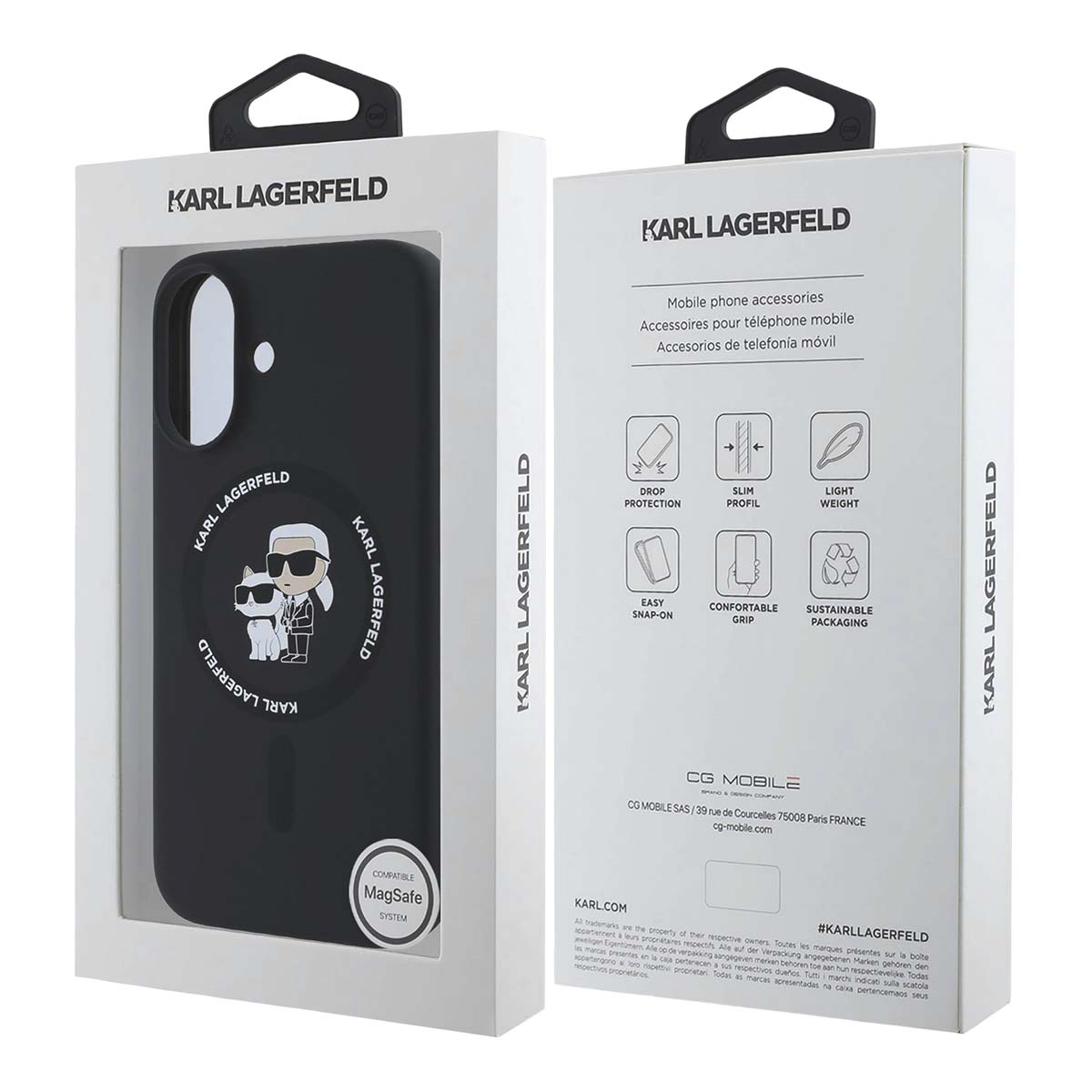 Una scatola di custodia per telefono con custodia nera e logo Karl Lagerfeld.