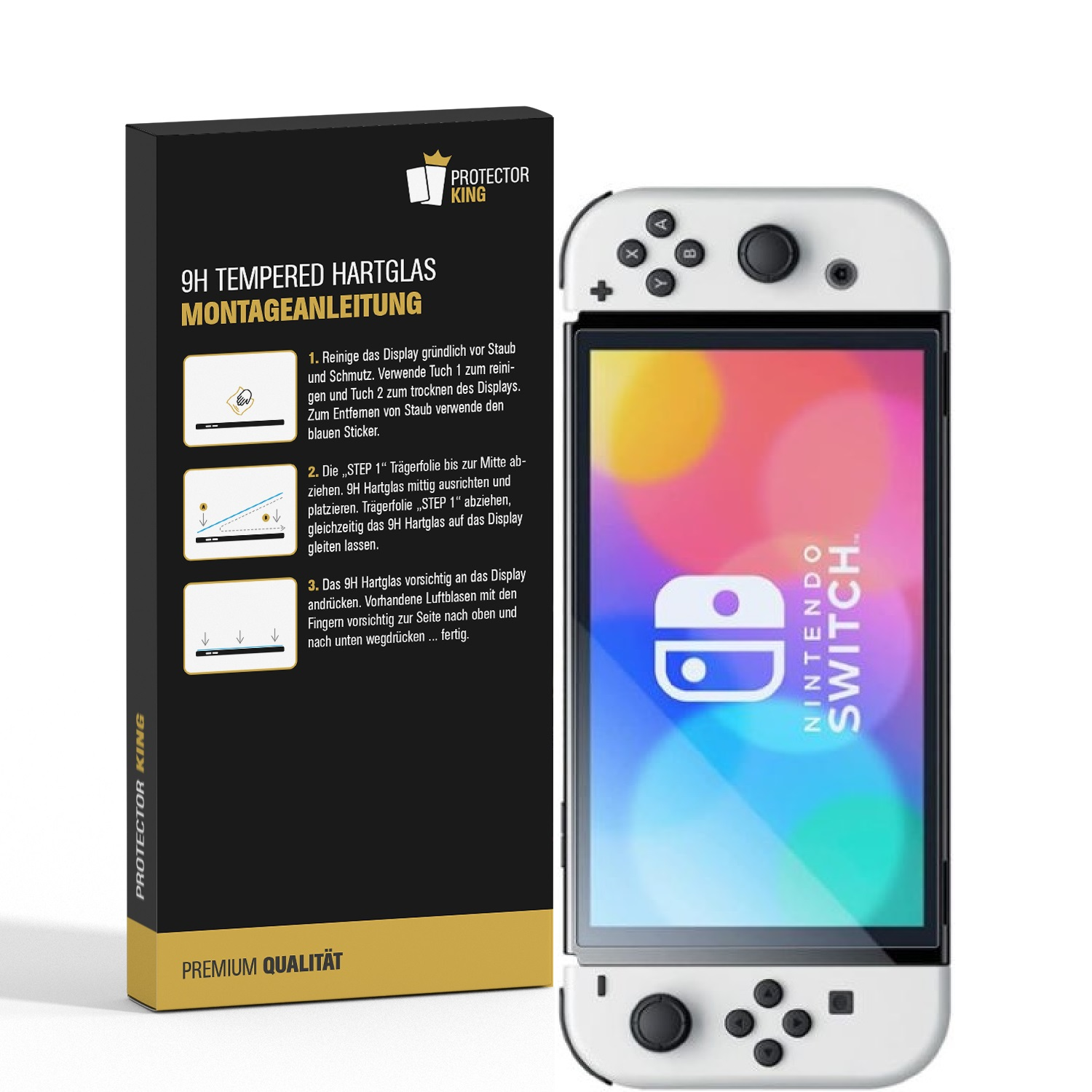 Eine weiße Nintendo Switch mit einer Displayschutzfolienbox, die Anweisungen zum Anbringen der Folie zeigt.
