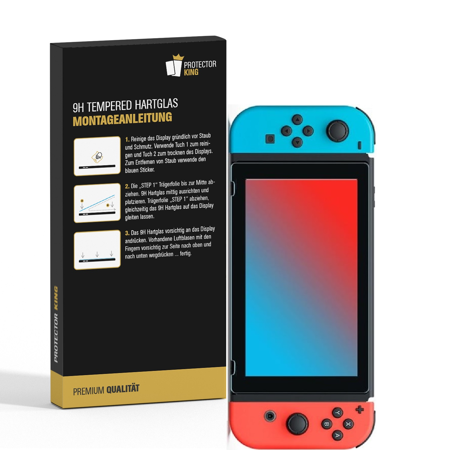 Eine Switch-Konsole neben einer Box. Die Box enthält Anweisungen zur Montage von Hartglas.