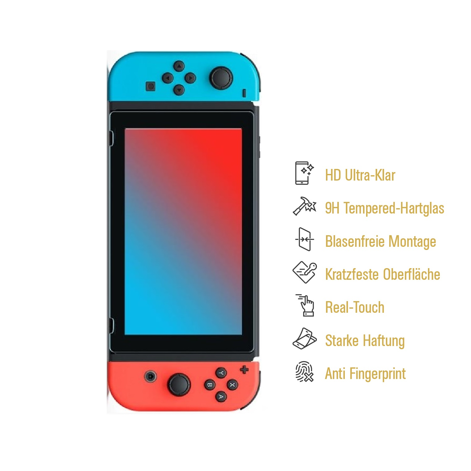 Eine blau-rote Nintendo Switch-Konsole mit schwarzem Bildschirm. Merkmale sind HD-Klarheit, gehärtetes Glas und Anti-Fingerprint.