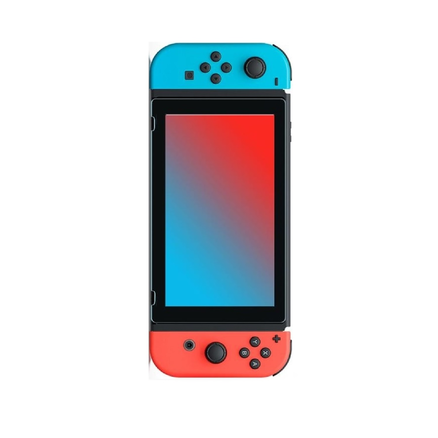 Eine Nintendo Switch-Konsole. Sie hat blaue und rote Controller und einen Bildschirm mit einem Farbverlauf von Rot zu Blau.