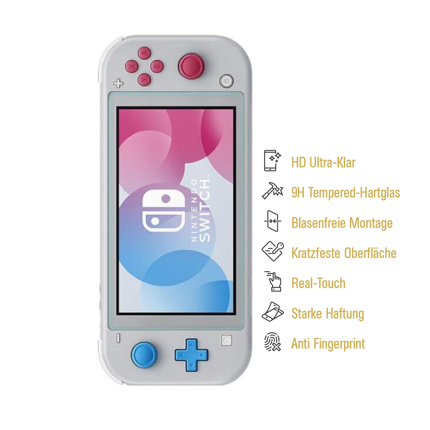 Ein weißes Nintendo Switch Lite. Es hat einen Bildschirm mit einer bunten Grafik. Merkmale sind HD-Klarheit, Kratzfestigkeit und Anti-Fingerabdruck.
