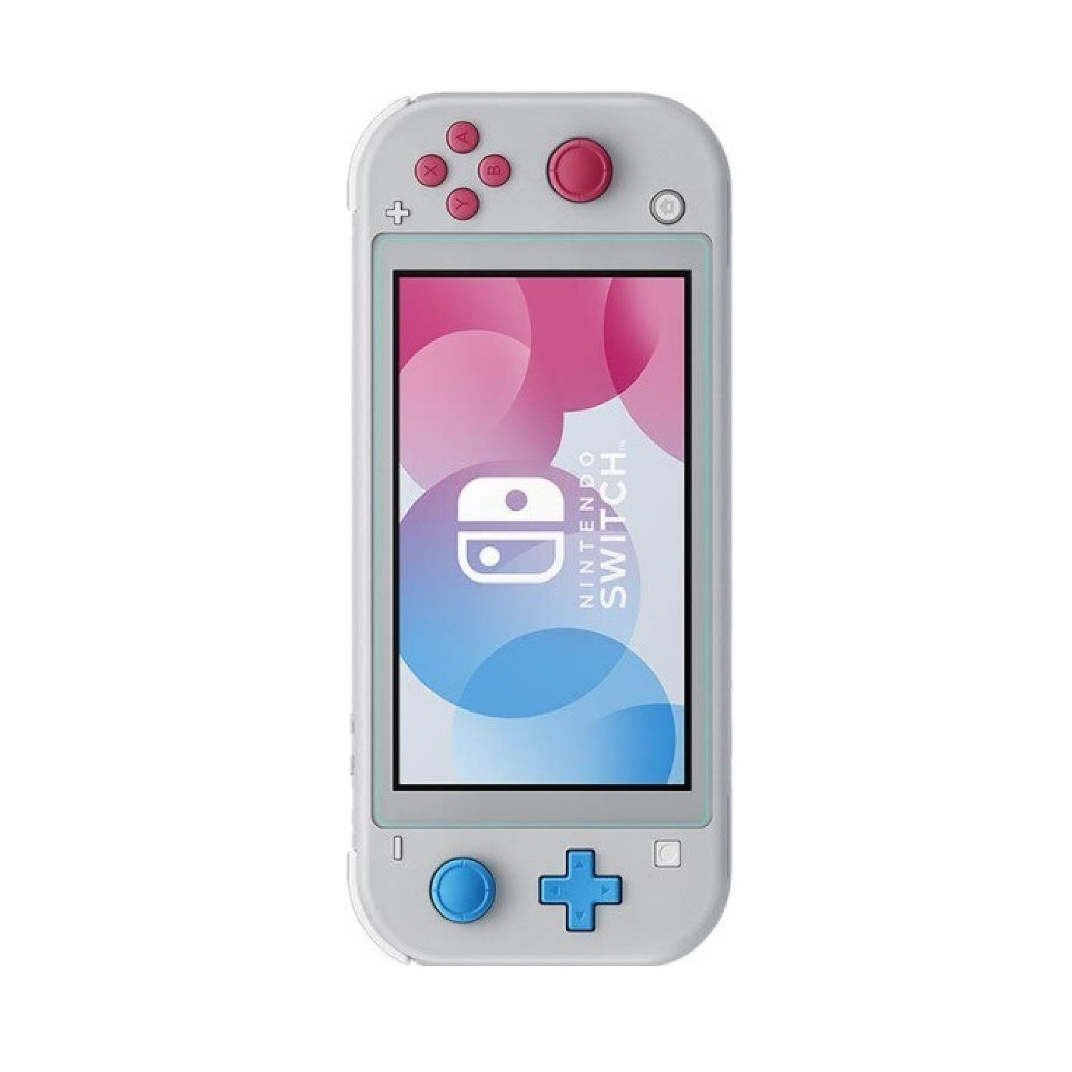 Ein graues Nintendo Switch Lite mit einem Bildschirm, der rosa und blaue Grafiken anzeigt. Rote und blaue Knöpfe sind sichtbar.
