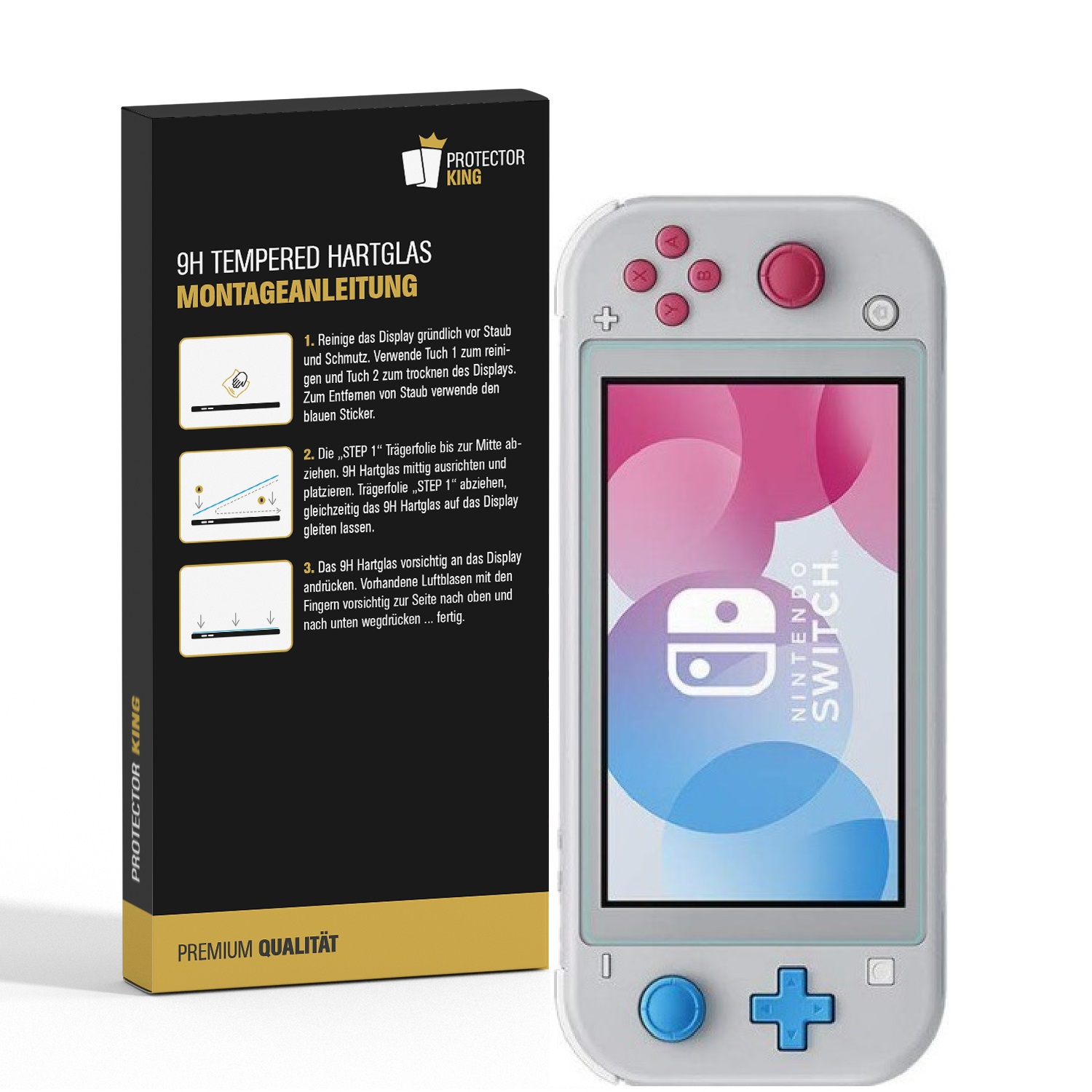 Eine Nintendo Switch Lite mit einer Displayschutzfolien-Box. Die Box enthält Anweisungen. Der Switch ist weiß mit rosa Knöpfen.