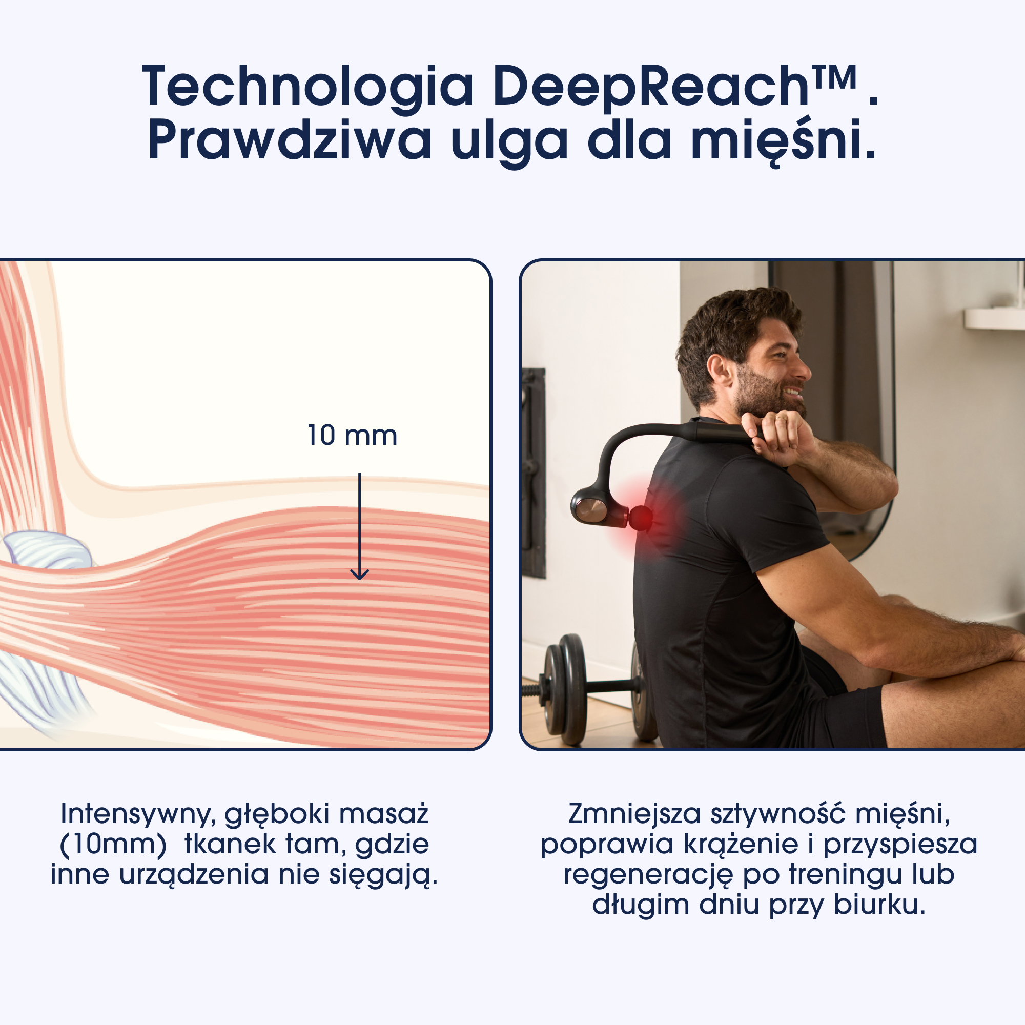 Mężczyzna używa czarnego urządzenia do masażu na plecach. Pokazuje schemat mięśni. Tekst mówi o technologii DeepReach dla ulgi mięśni.
