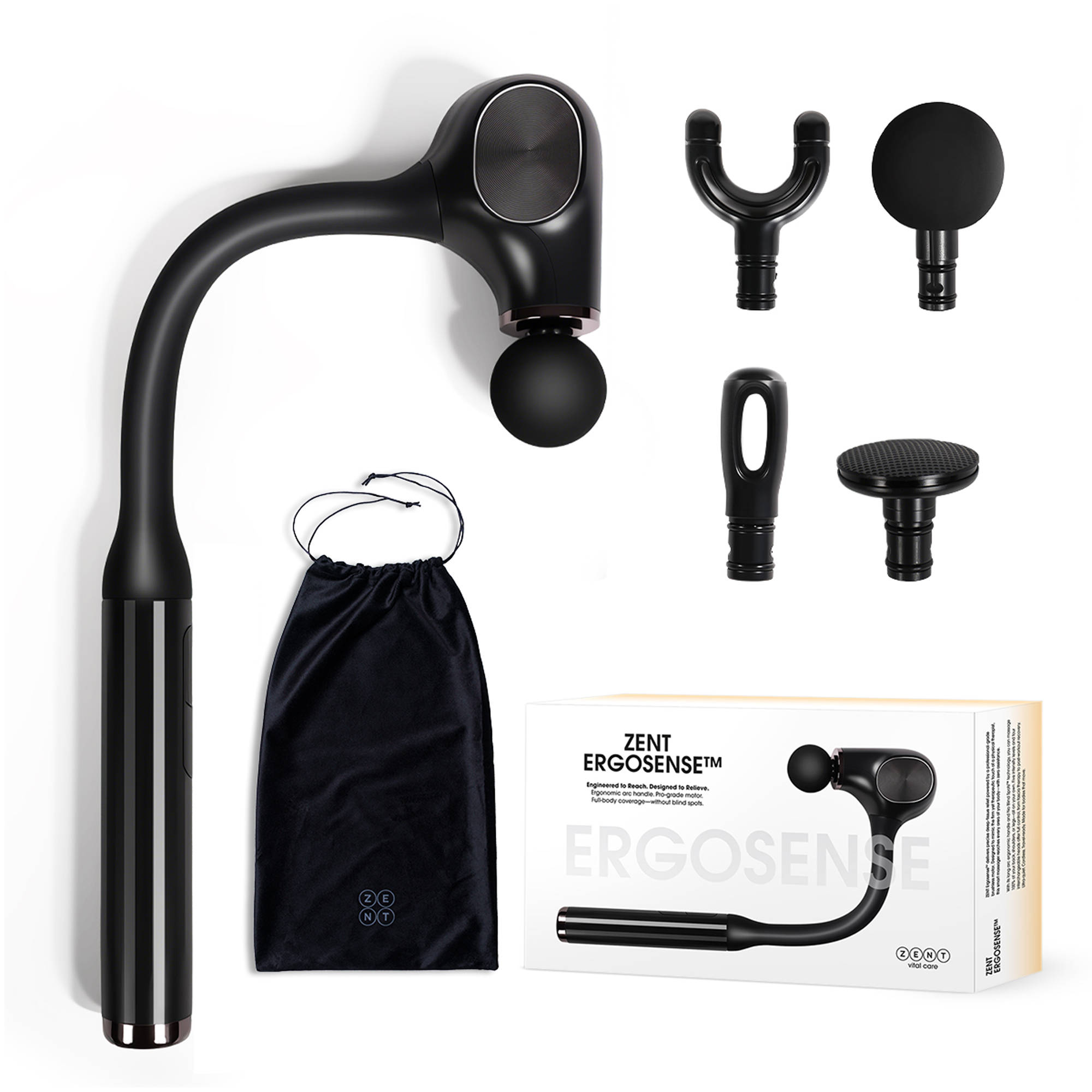 Czarny pistolet do masażu z nasadkami, czarnym woreczkiem i pudełkiem. Zawiera markę ZENT Ergosenes.