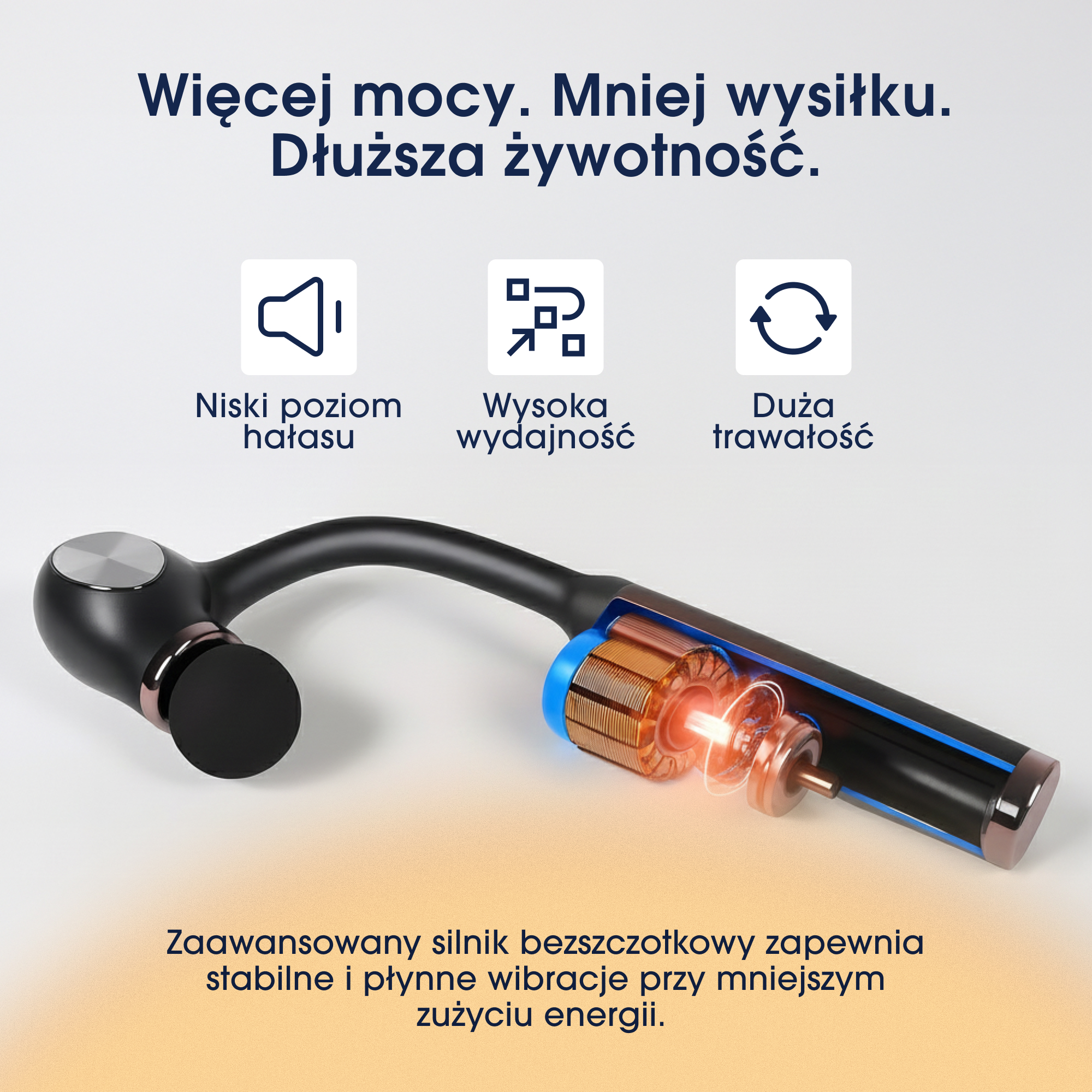 Zdjęcie przedstawia czarne urządzenie z wycięciem odsłaniającym niebieski i miedziany silnik, z tekstem o mocy i wydajności.