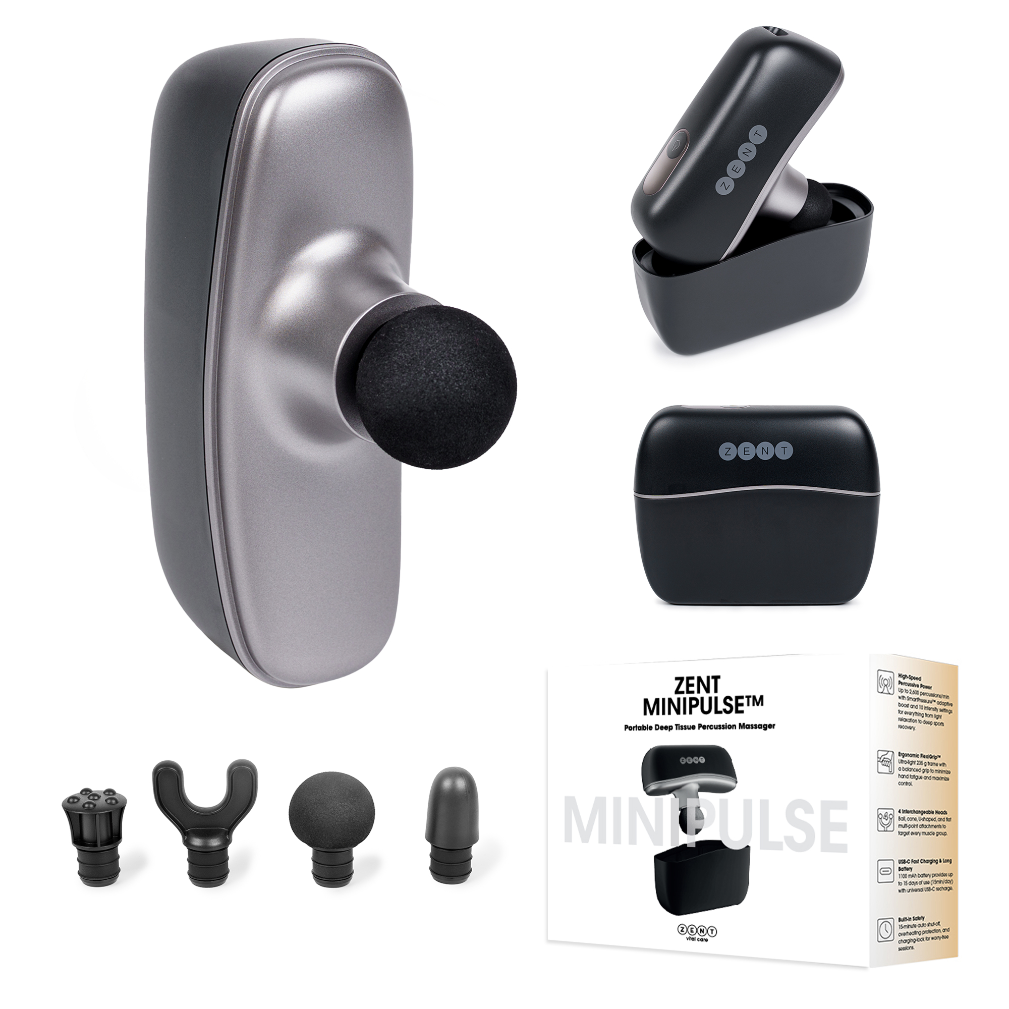 Obraz przedstawia masażer ZENT MiniPulse i akcesoria. Różne kąty pokazują urządzenie i nasadki.