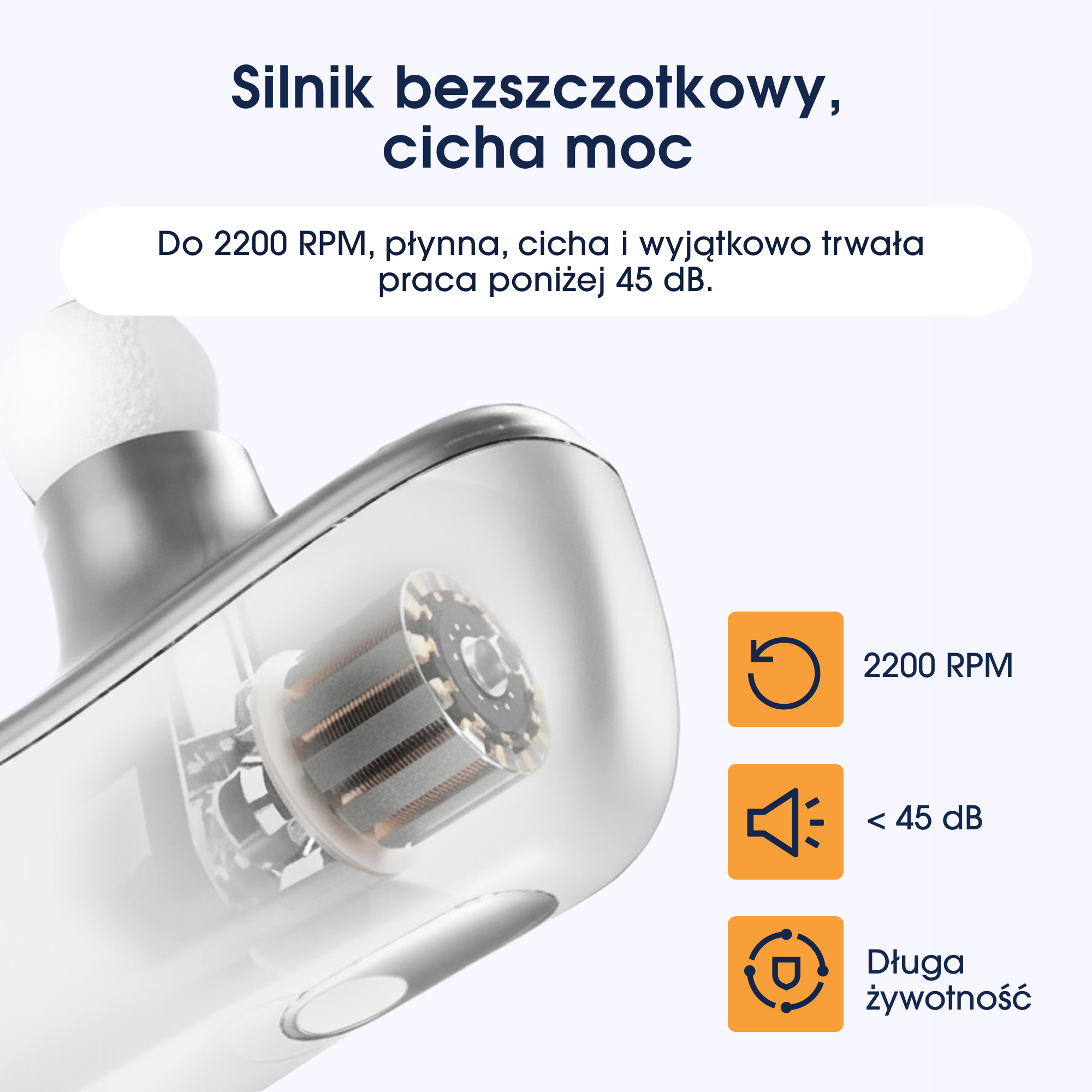 Obraz przedstawia silnik z tekstem: Cichy silnik, cicha moc. Cechy: 2200 obr./min, poniżej 45dB i długa żywotność.