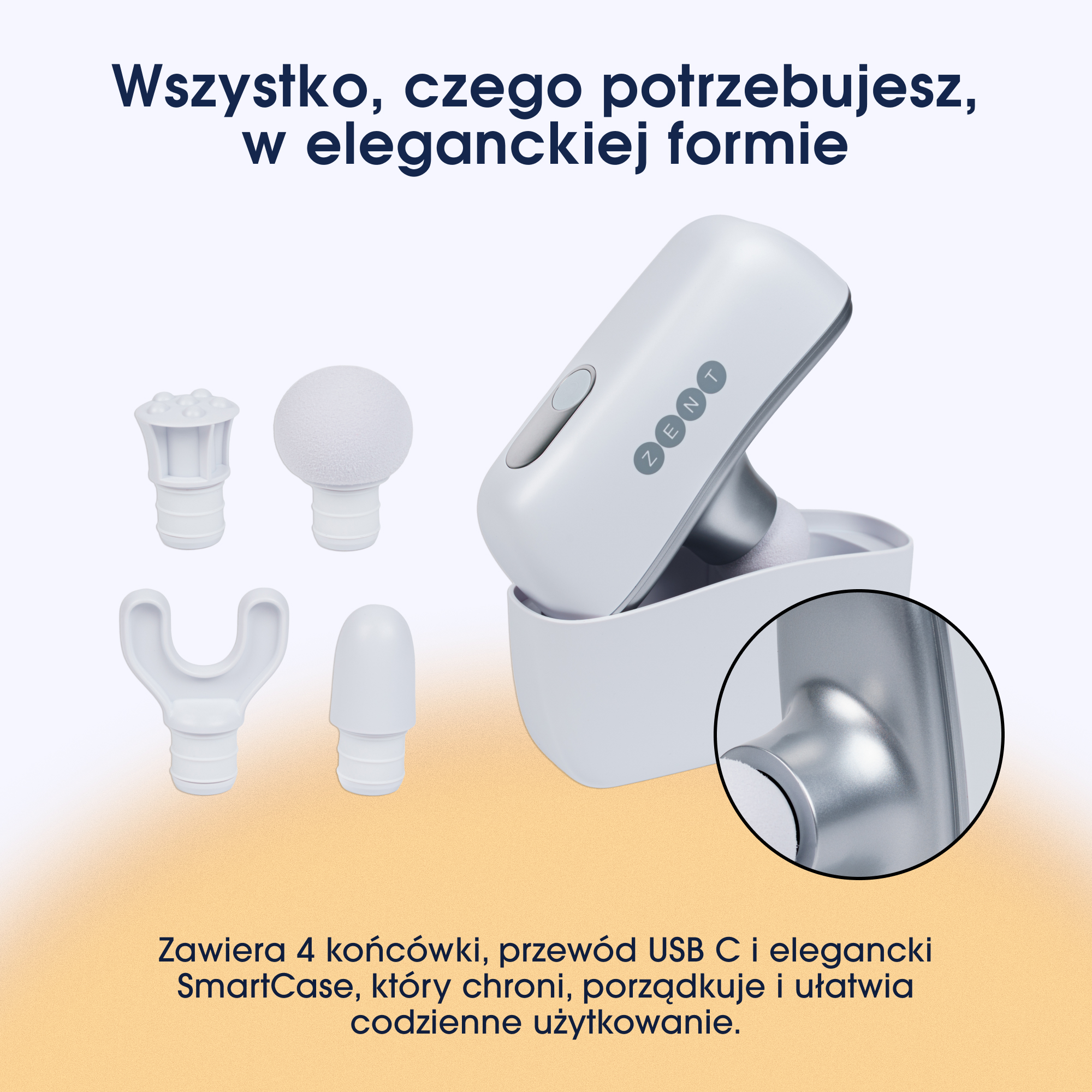 Obraz przedstawia białe urządzenie do masażu z czterema różnymi nasadkami. Tekst mówi, że ma kabel USB-C i SmartCase.