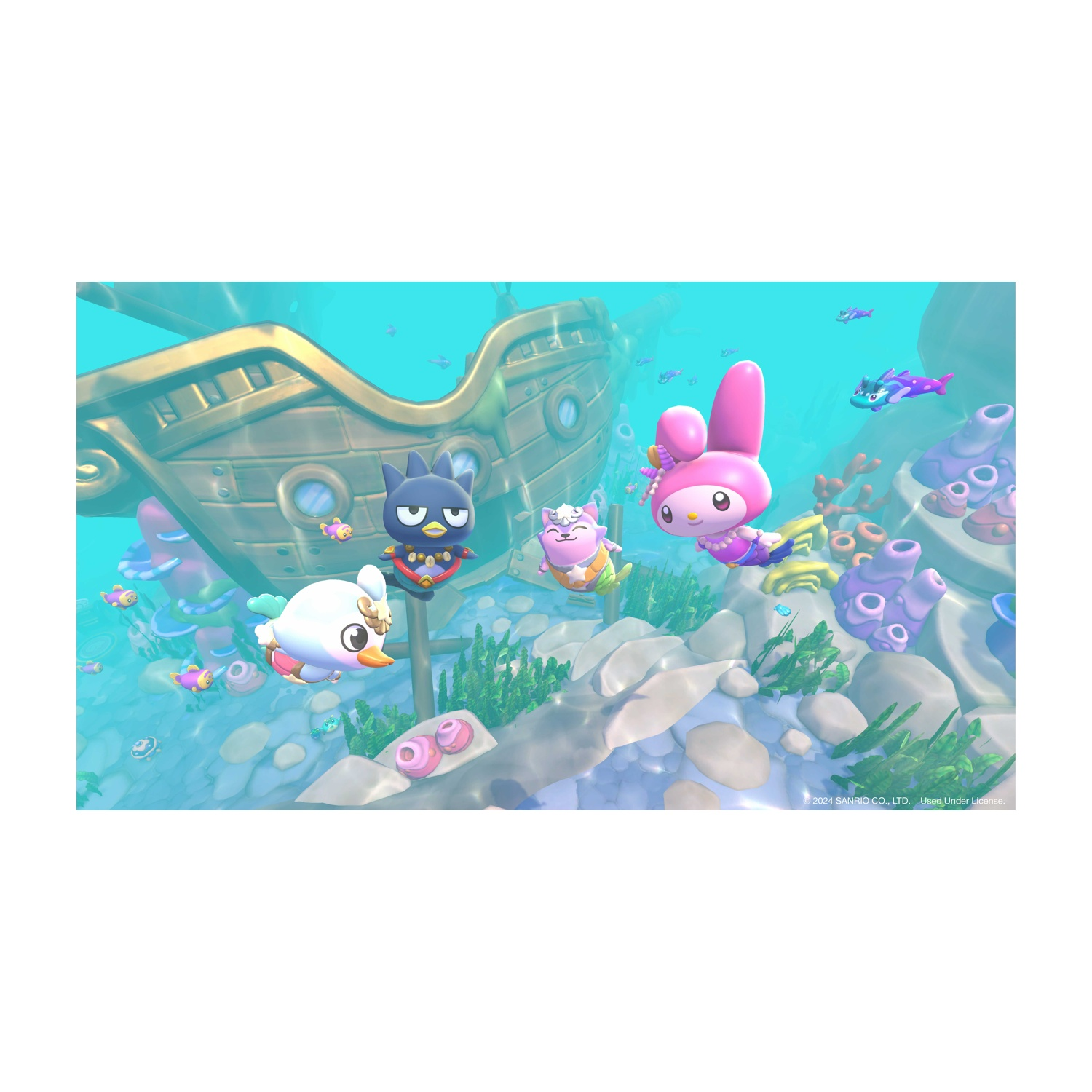Scena podwodna z postaciami z kreskówek: statek, ryby i różne postacie, takie jak My Melody i Kuromi. Pływają.