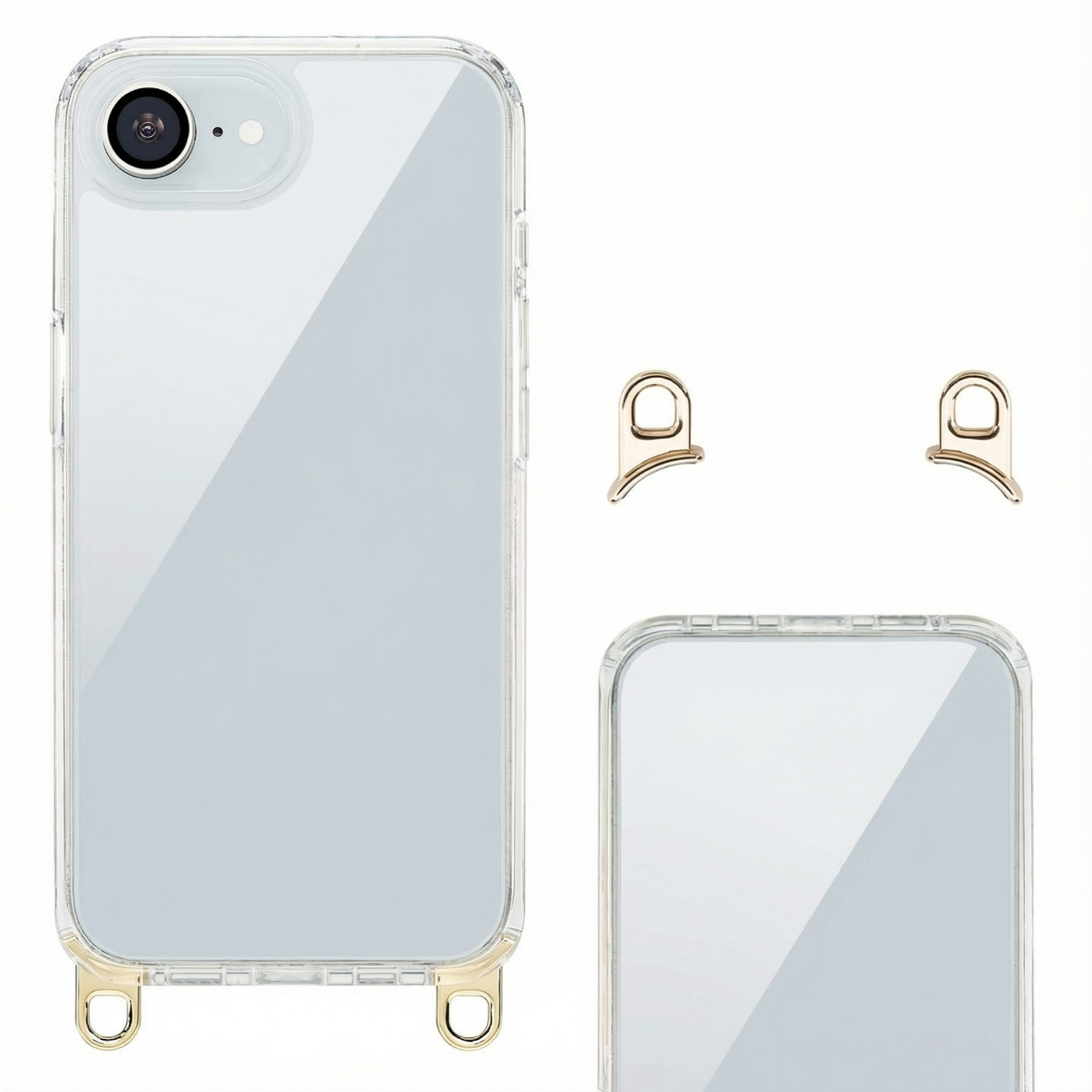 Coque de téléphone transparente avec accessoires dorés. Inclut téléphone, boucles dorées et pièces détachées. Fond blanc.