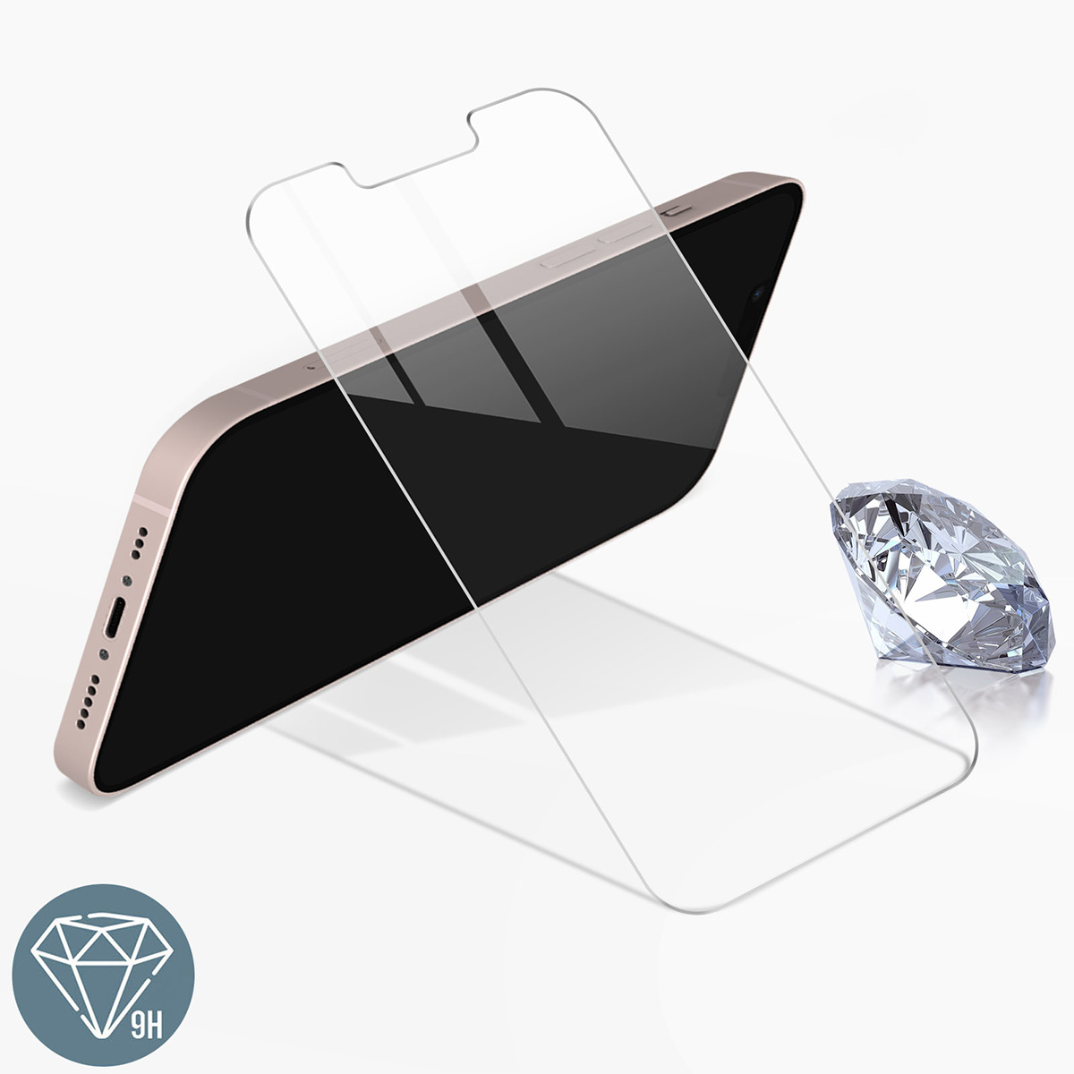 Un téléphone avec un protecteur d'écran et un diamant sur fond blanc. Le téléphone est doré, l'écran est noir.