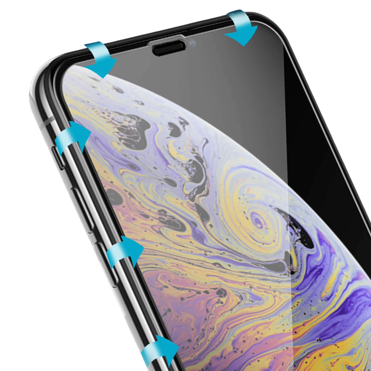 Een close-up van een smartphone met een screenprotector. Het scherm toont een kleurrijk, wervelend patroon. Blauwe pijlen wijzen naar randen.