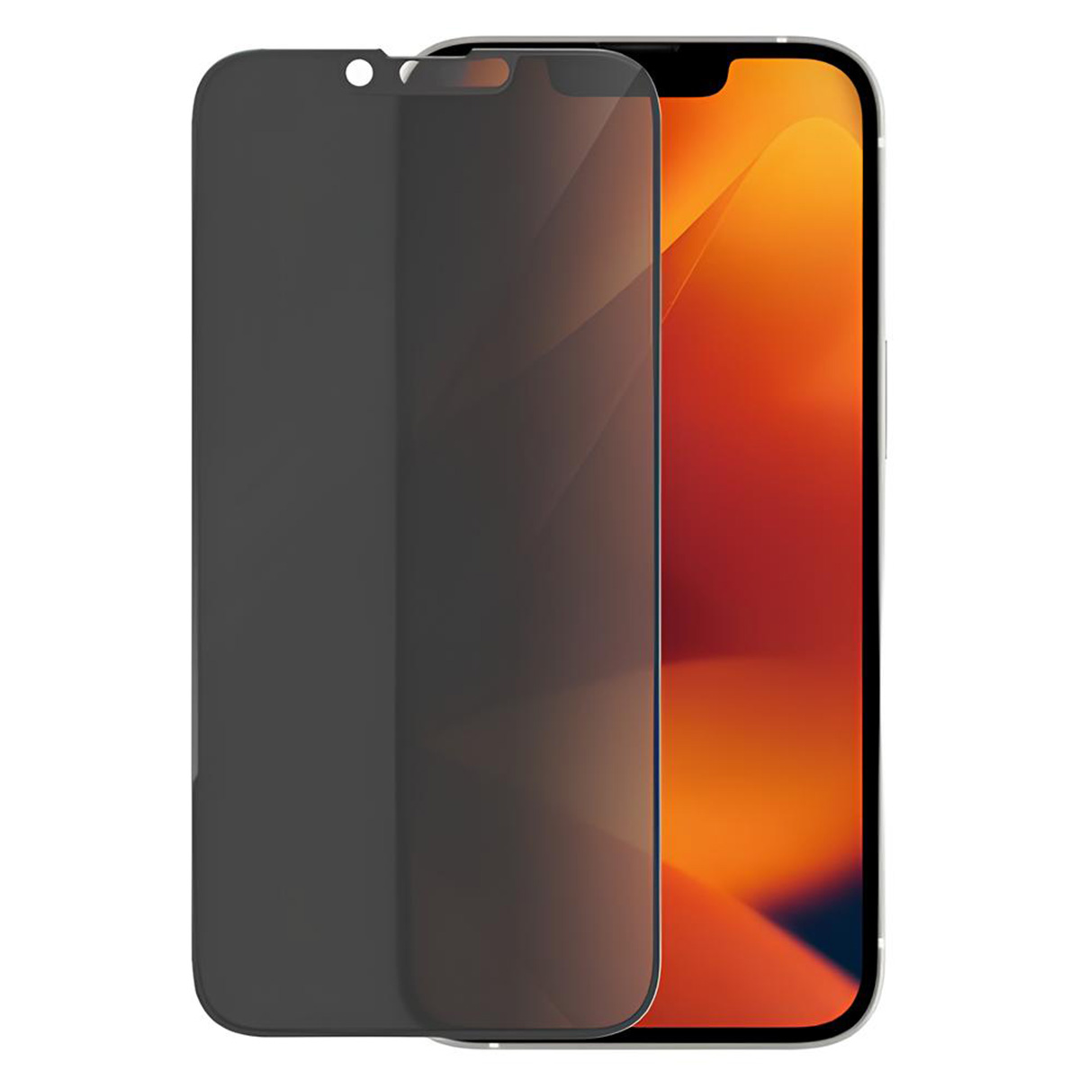 Een iPhone met een schermbeschermer. De beschermer is donkergrijs, het scherm toont oranje en rood.