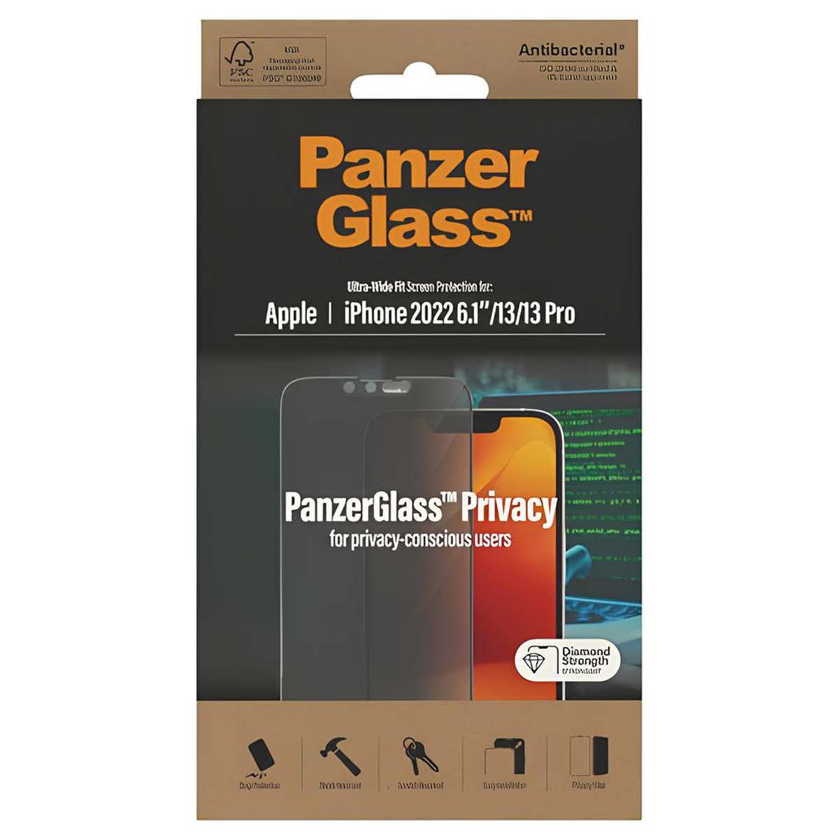 Een PanzerGlass privacy screenprotector doos. Het heeft de merknaam, productdetails en een afbeelding van een telefoonscherm.