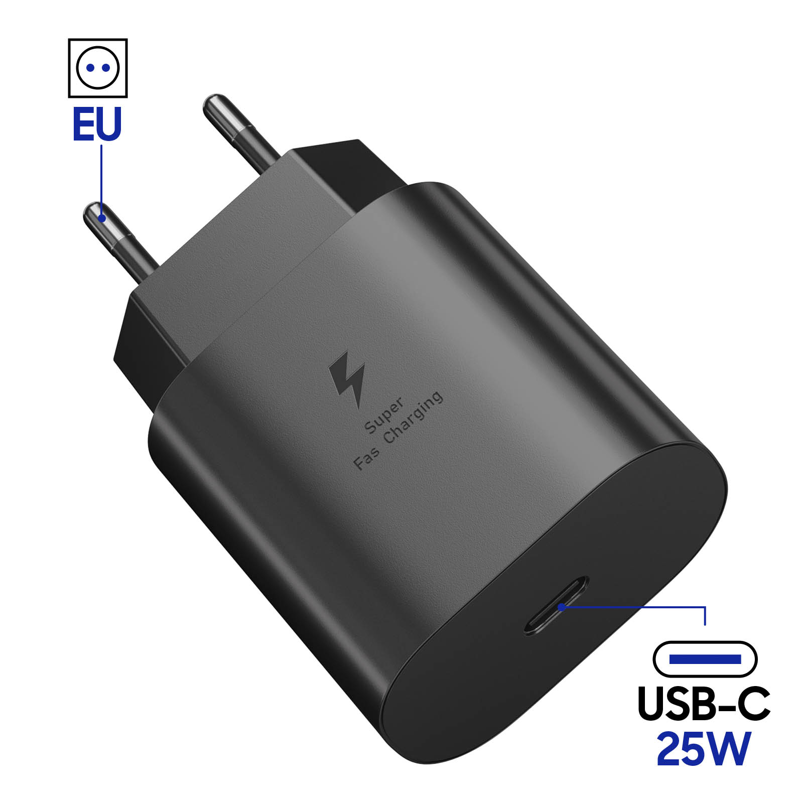 Czarna ładowarka Samsung USB-C 25W z wtyczką EU. Posiada logo Super Fast Charging.