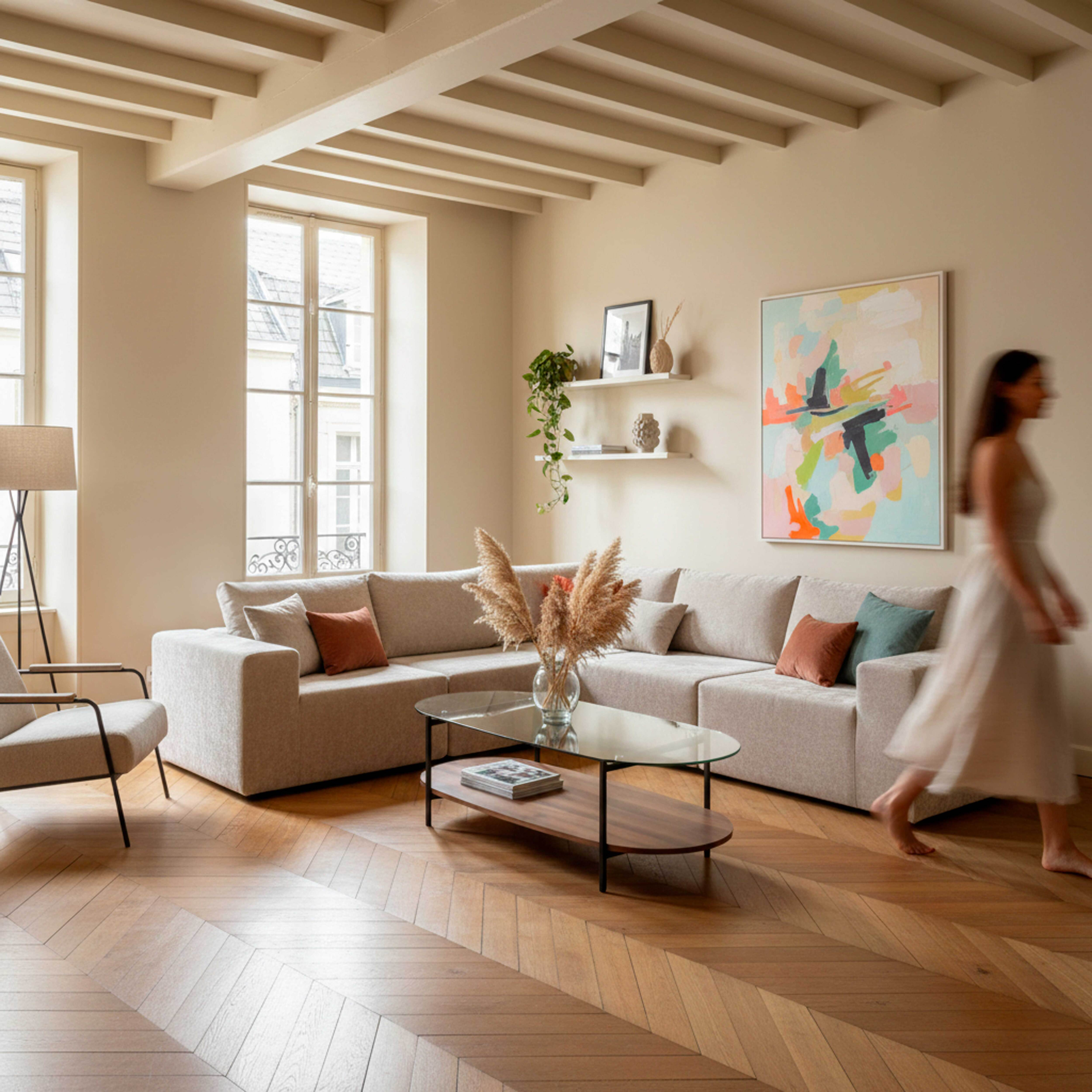 Wohnzimmer mit Sofa, Couchtisch, Kunst und einer Person, die geht. Holzboden, beige Wände und Decke.