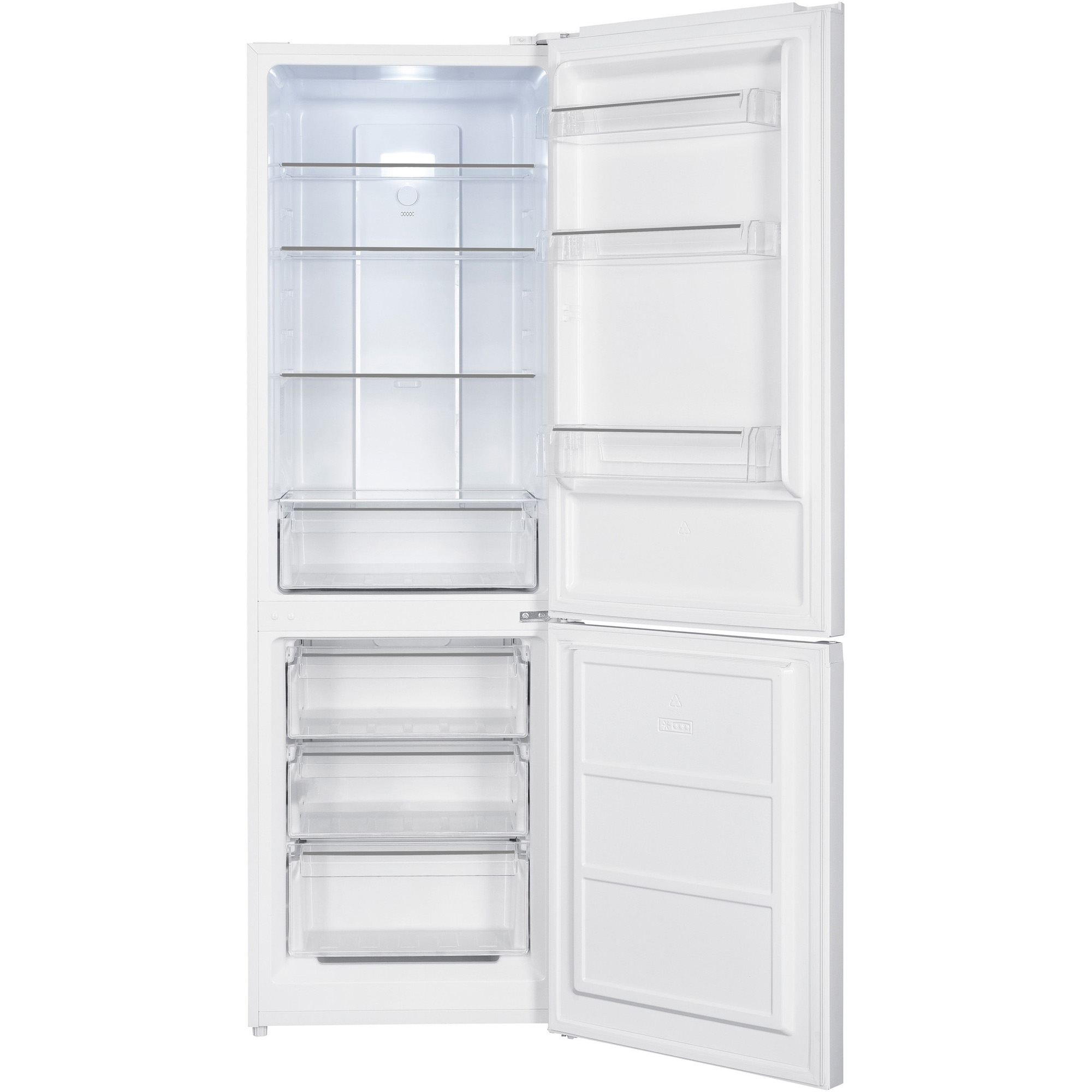 A white refrigerator with its doors open. The fridge section has shelves, and the freezer has drawers. Both are empty.