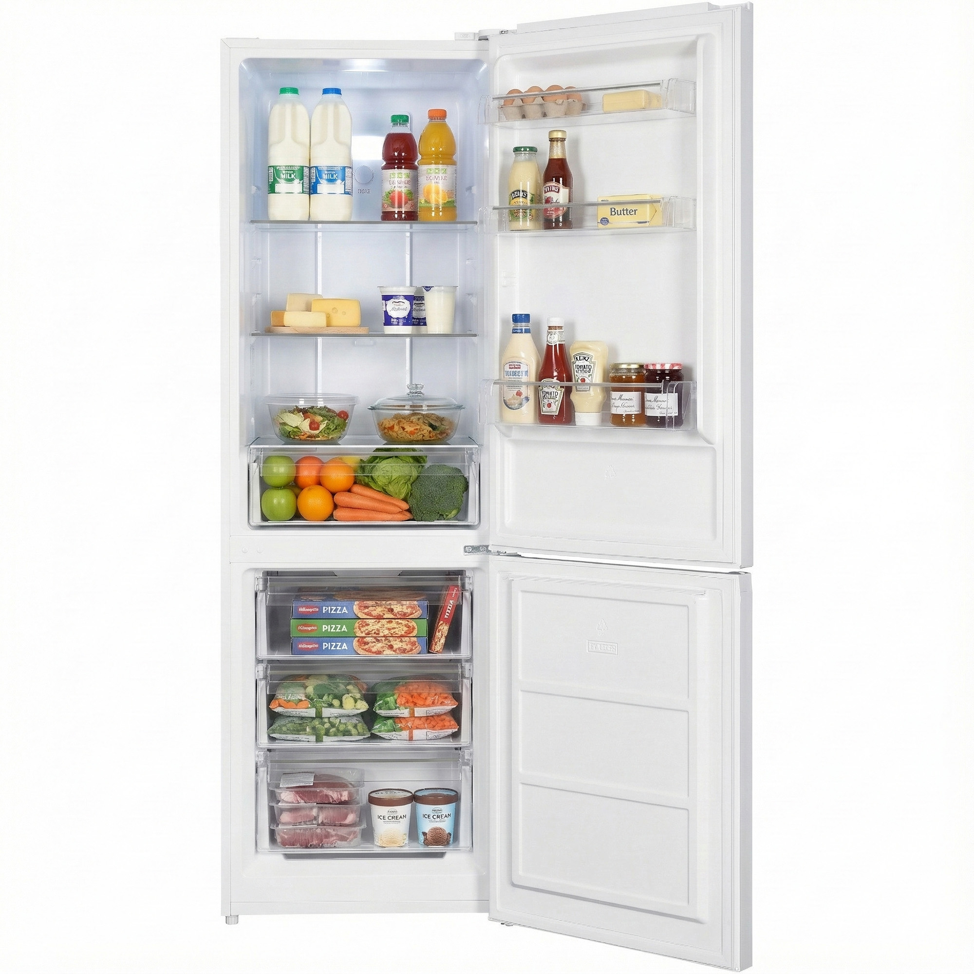 A white refrigerator door is open, filled with food items like milk, juice, vegetables, pizza, and ice cream.