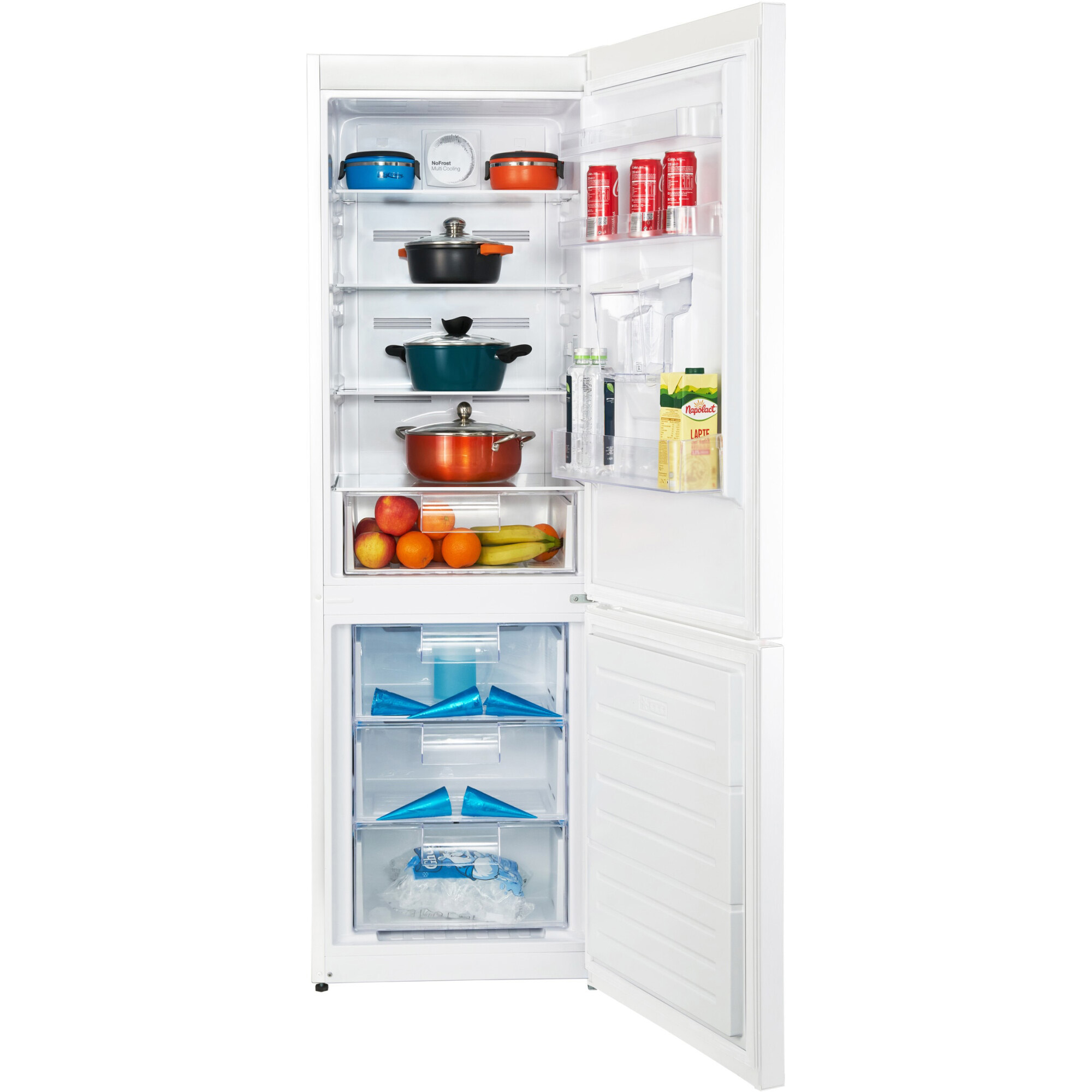 Open white refrigerator with food inside: pots, apples, oranges, cans, juice, water bottles, and frozen items.