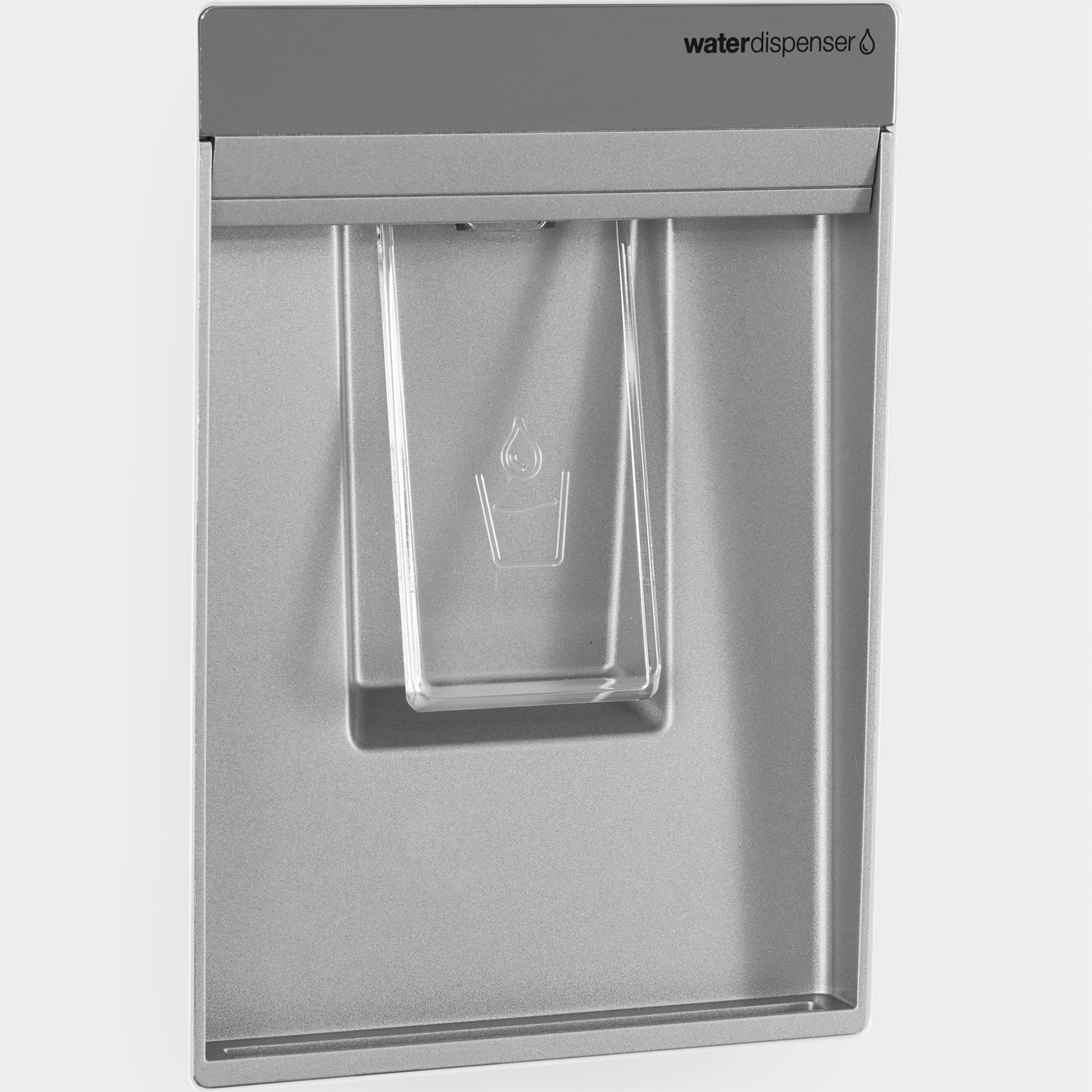 A metallic water dispenser. It has a clear plastic cup holder. The text 'waterdispenser' is at the top.