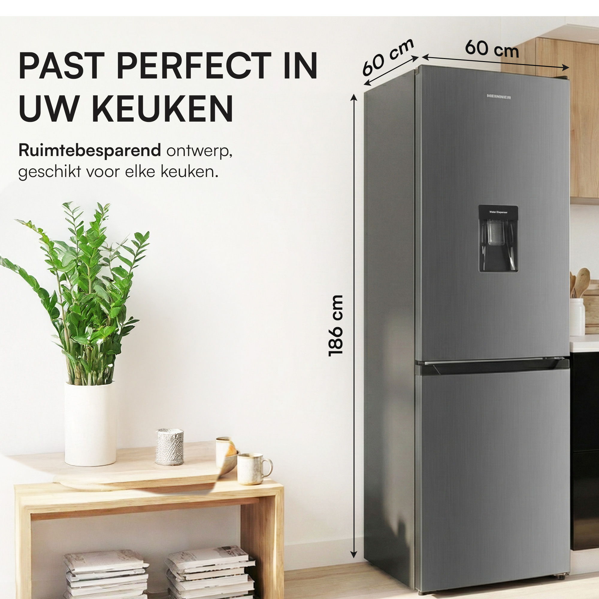 A gray refrigerator with dimensions labeled. A plant, table, and text are in front. The brand is Heinner.
