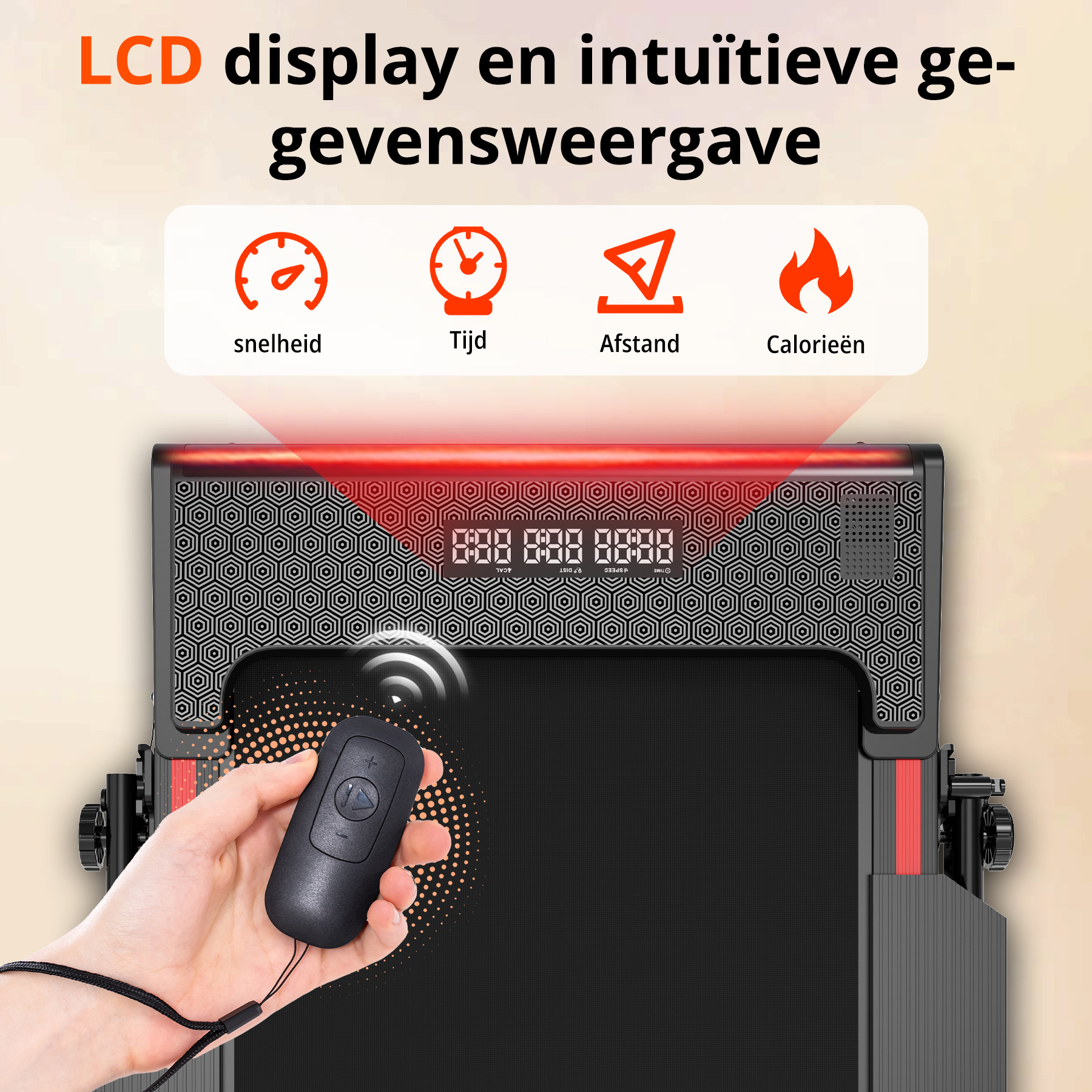 Treadmill display shows speed, time, distance, and calories. A hand holds a remote control. The top has red lighting.