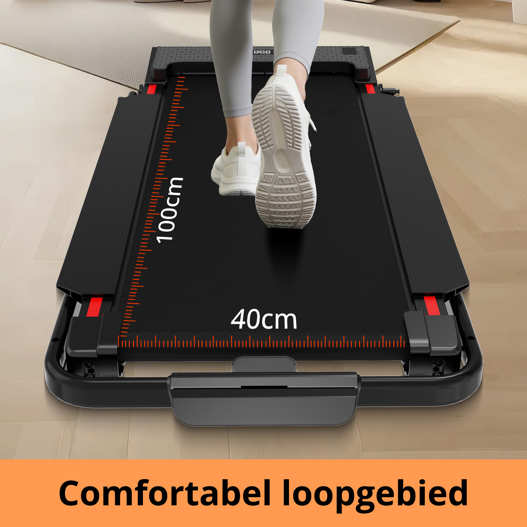 Person walking on a black treadmill. Dimensions are shown: 100cm x 40cm. The word "Comfortabel loopgebied" is at the bottom.