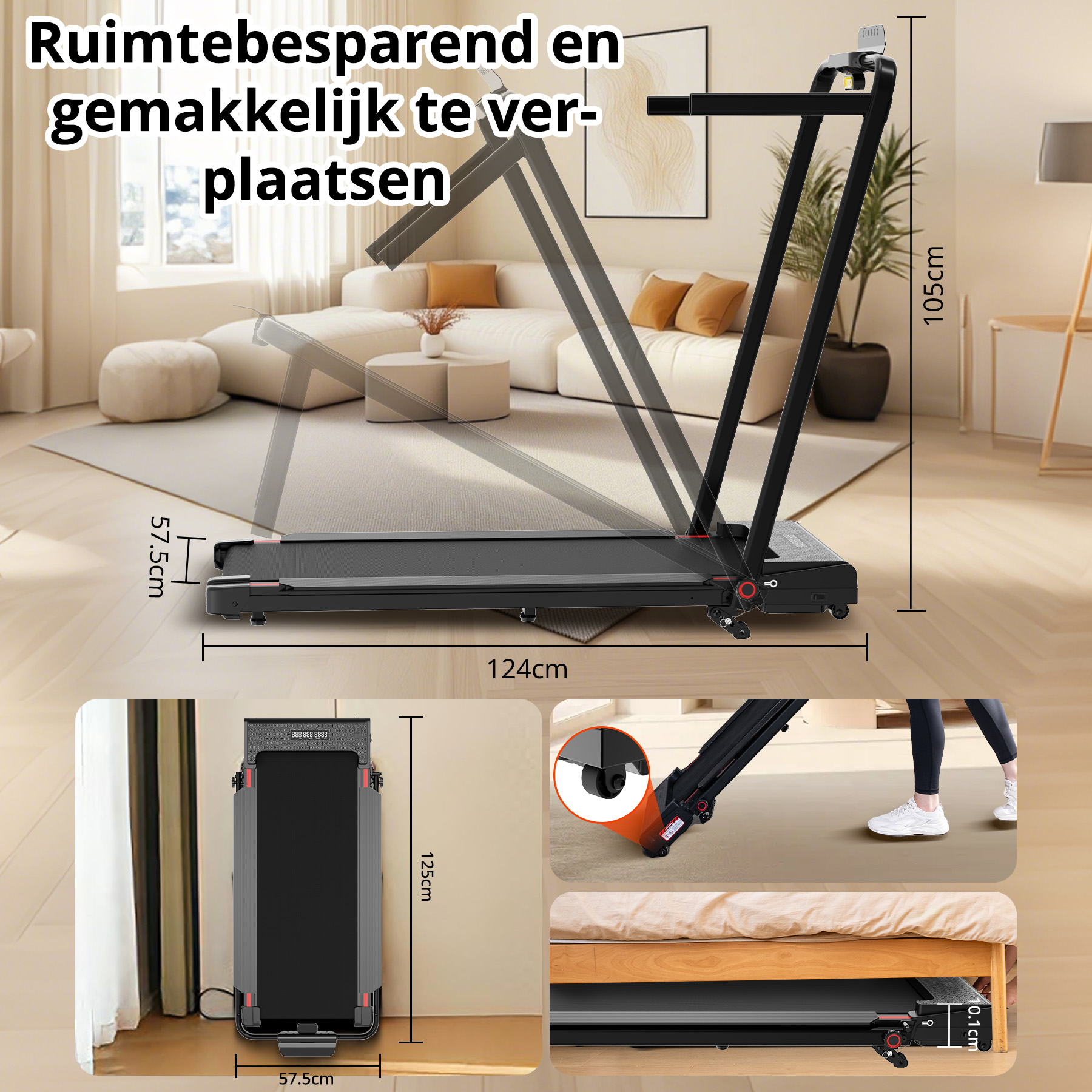 A black treadmill in a living room. Dimensions are displayed. Folded view and under-bed storage are shown.