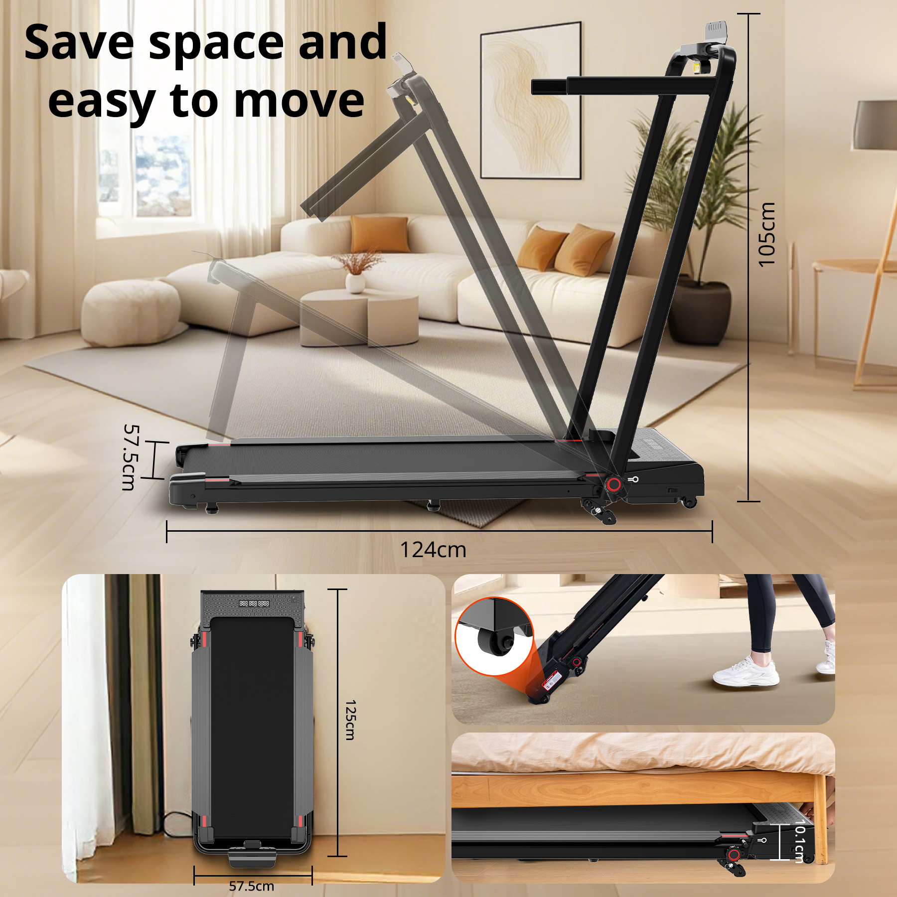 Treadmill in a room. Shows dimensions. Can be folded. Features include a control panel and wheels for easy movement.