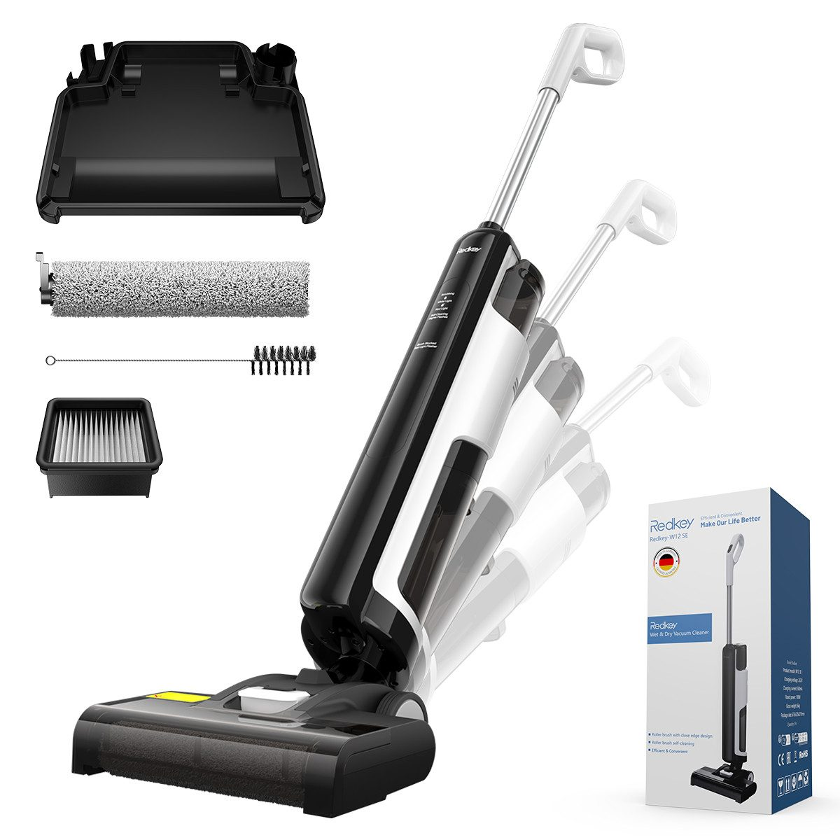 Odkurzacz Redkey do pracy na mokro i sucho, czarno-biały, z akcesoriami. Zawiera pudełko ze szczegółami i zdjęciem produktu.