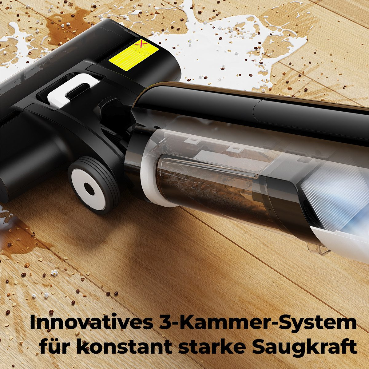 Czarny i przezroczysty odkurzacz na drewnianej podłodze, z rozrzuconymi zanieczyszczeniami i rozlanym płynem. Niemiecki tekst na dole.