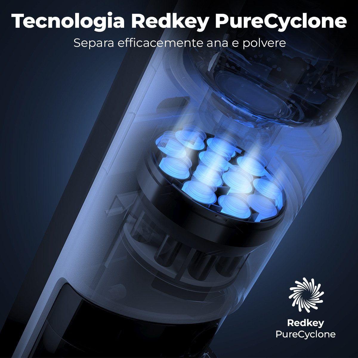 Obraz przedstawia technologię odkurzacza, Redkey PureCyclone. Niebieskie światła podkreślają separację powietrza i cząsteczek kurzu wewnątrz urządzenia.