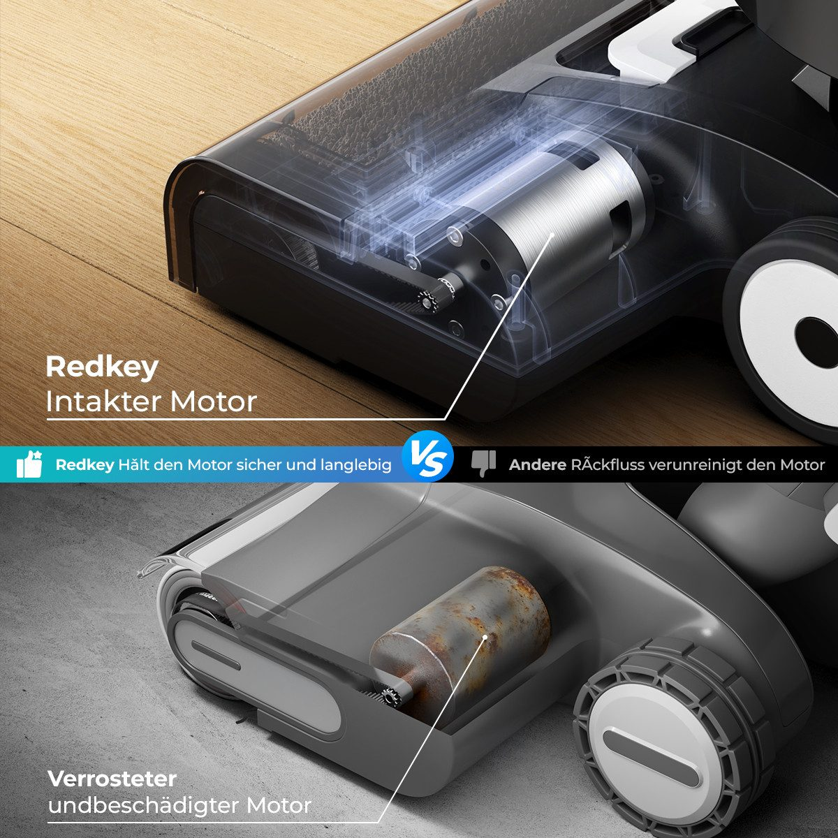 Obraz porównawczy czystego silnika odkurzacza z zardzewiałym. Tekst podkreśla bezpieczeństwo i trwałość silnika Redkey.