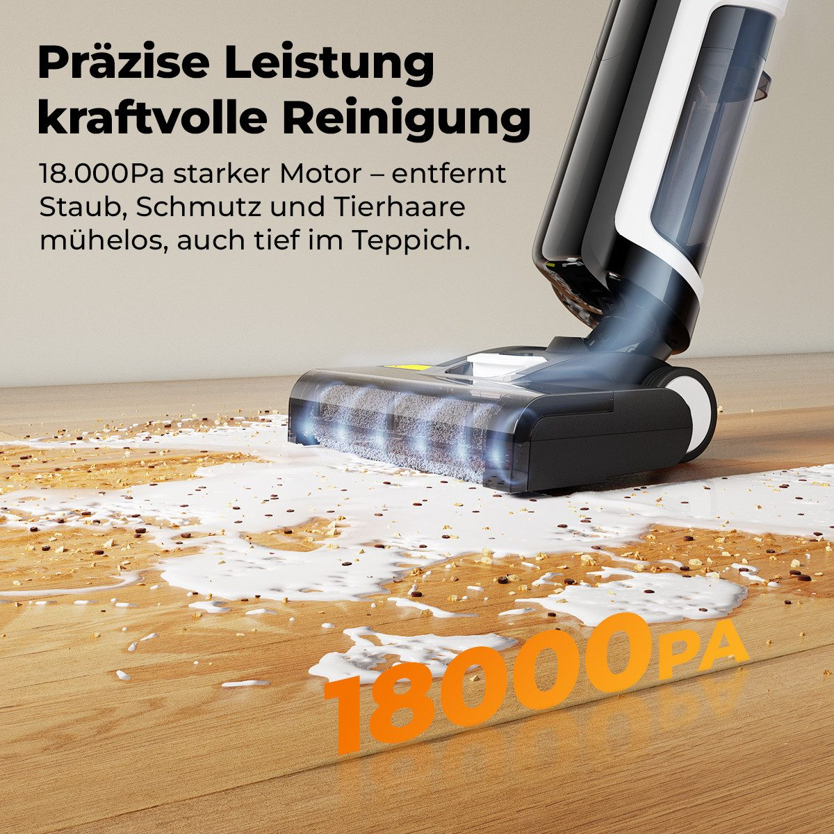 Odkurzacz czyści drewnianą podłogę pokrytą brudem. Tekst: Precyzyjna wydajność, potężne czyszczenie, 18000PA.