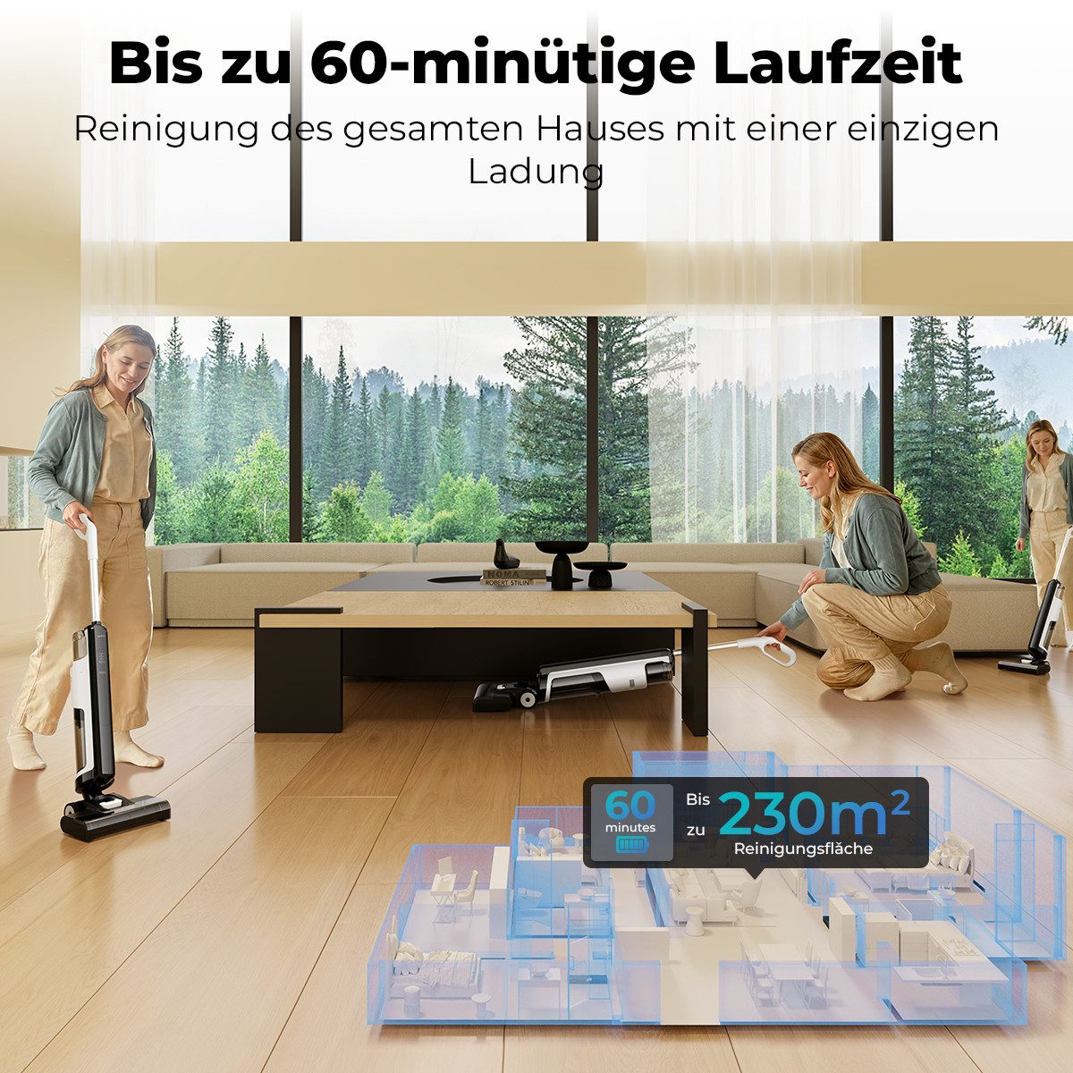 Trzy kobiety sprzątają nowoczesny salon odkurzaczami. Tekst podkreśla 60 minut pracy i 230 m² powierzchni czyszczenia.