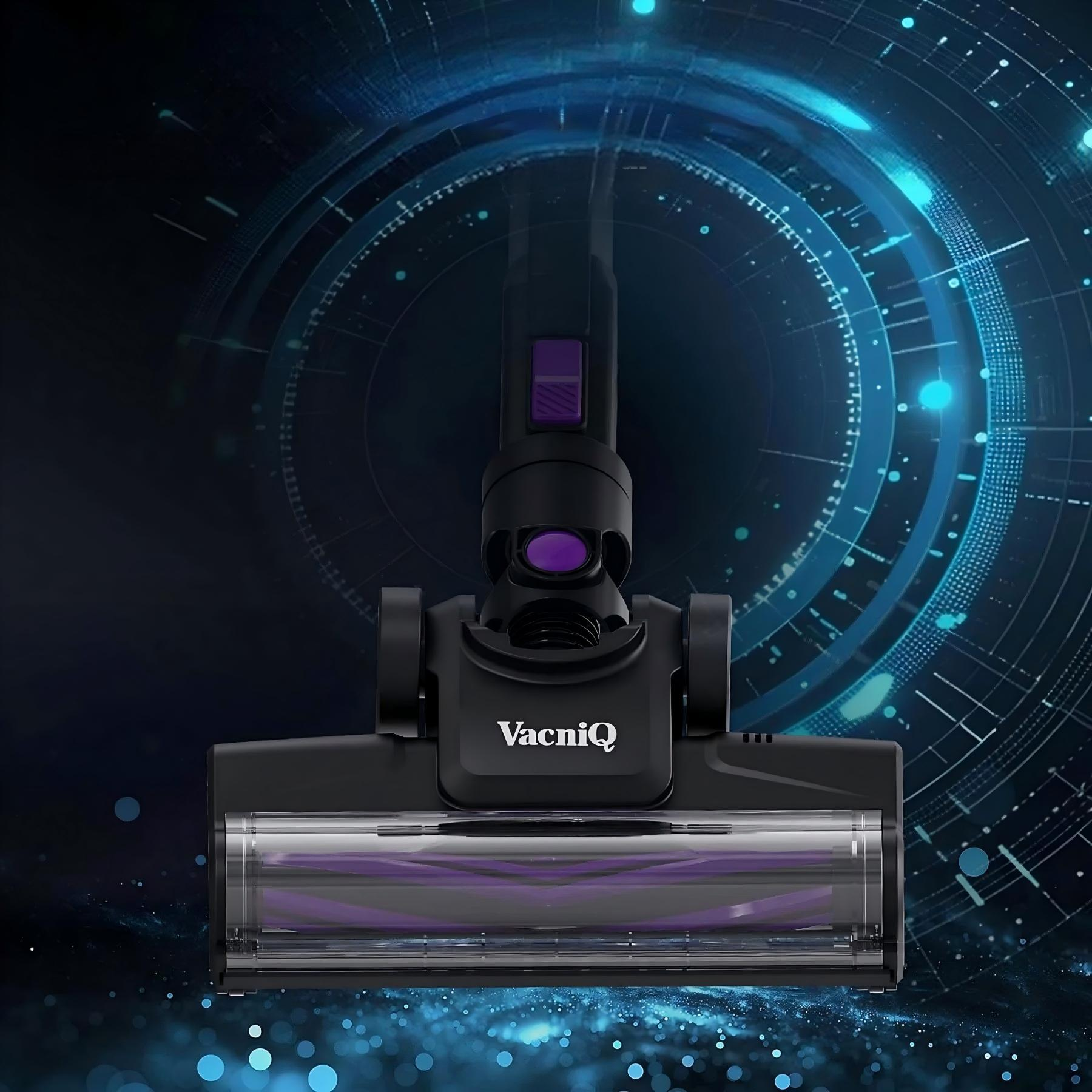 Czarna głowica odkurzacza VacniQ na niebieskim tle tech. Widoczne fioletowe akcenty i logo VacniQ.