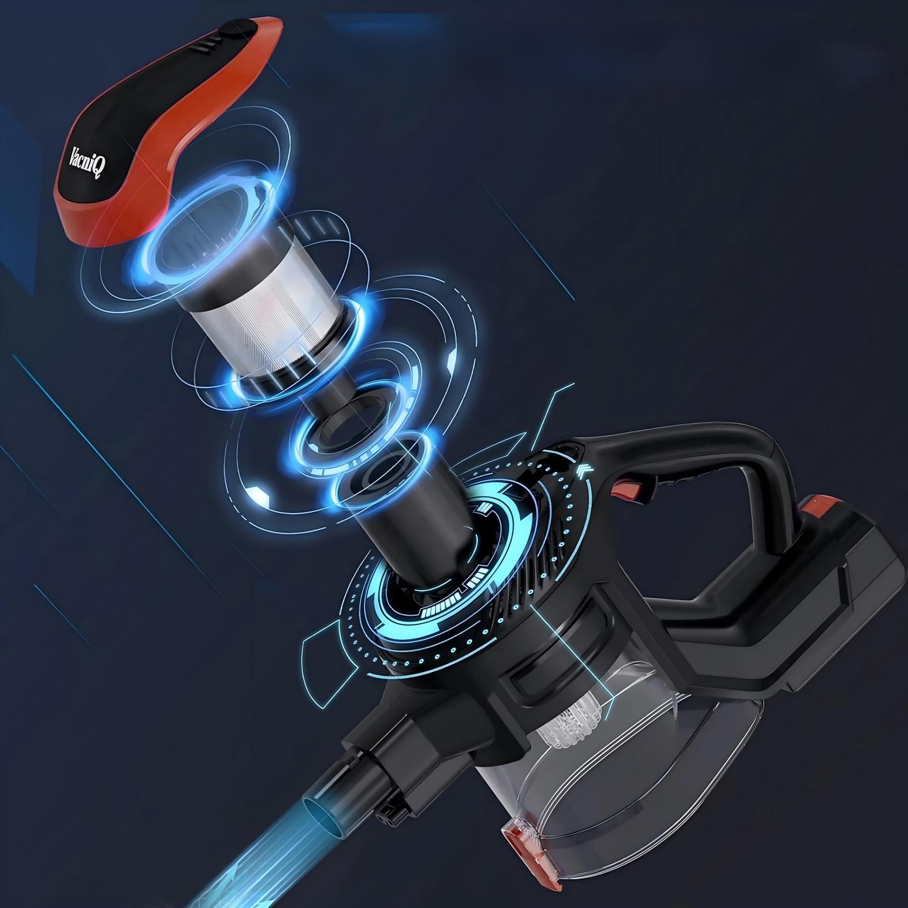 Zdemontowany czarno-czerwony odkurzacz z niebieskimi efektami świetlnymi na ciemnoniebieskim tle.