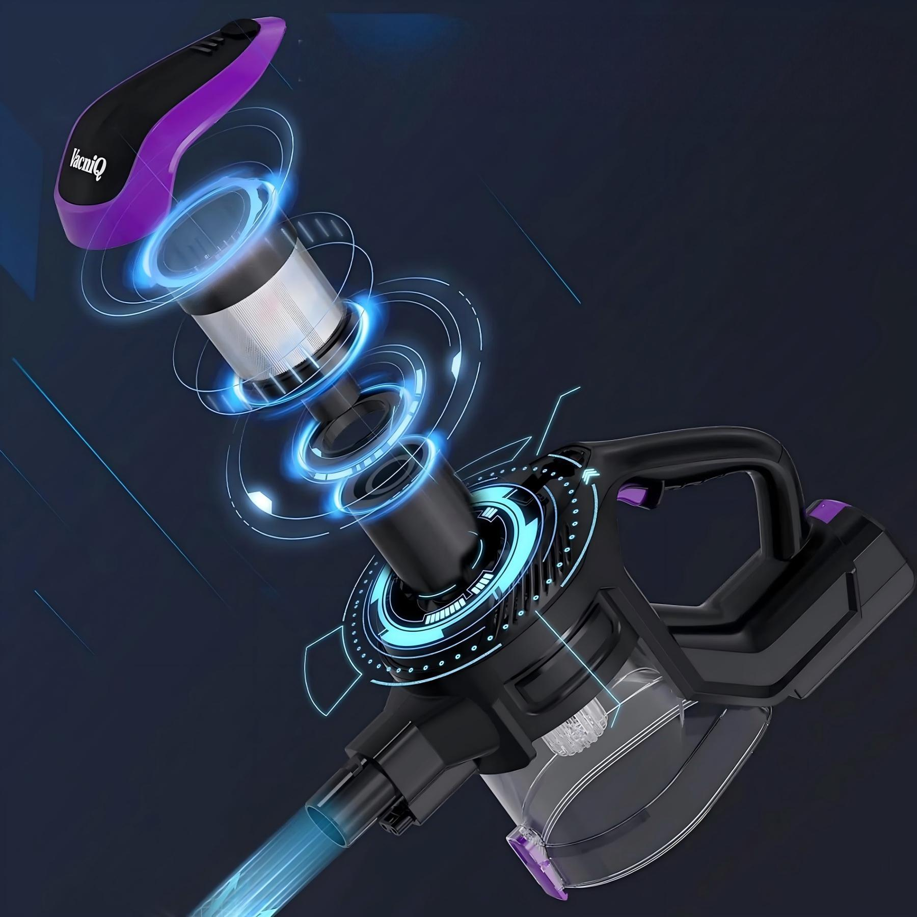 Zdemontowany czarno-fioletowy odkurzacz z niebieskimi efektami świetlnymi. Widoczne logo VacniQ. Ciemne tło.