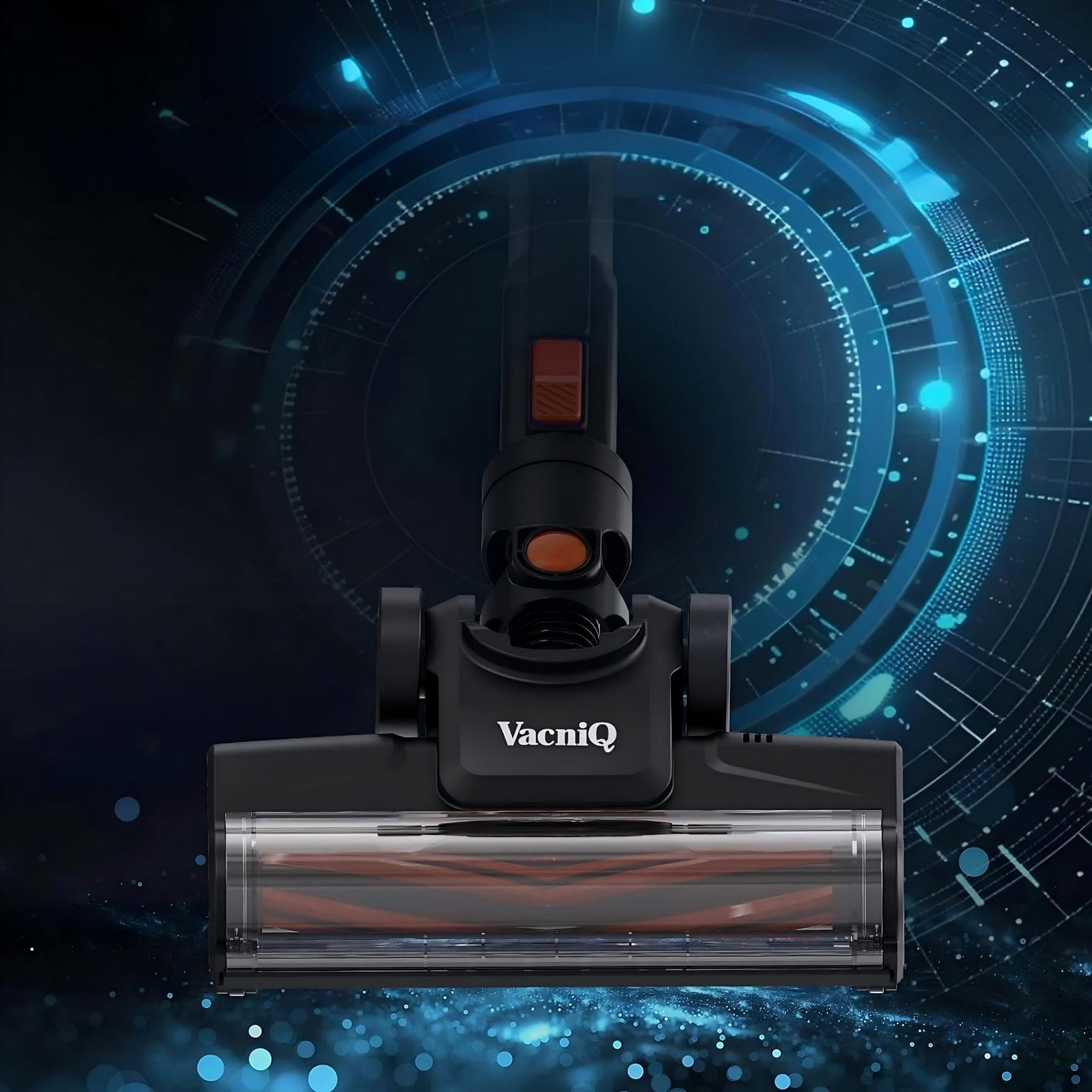 Czarna głowica odkurzacza VacniQ, pomarańczowe akcenty, na niebieskim tle technologicznym z okrągłymi elementami.