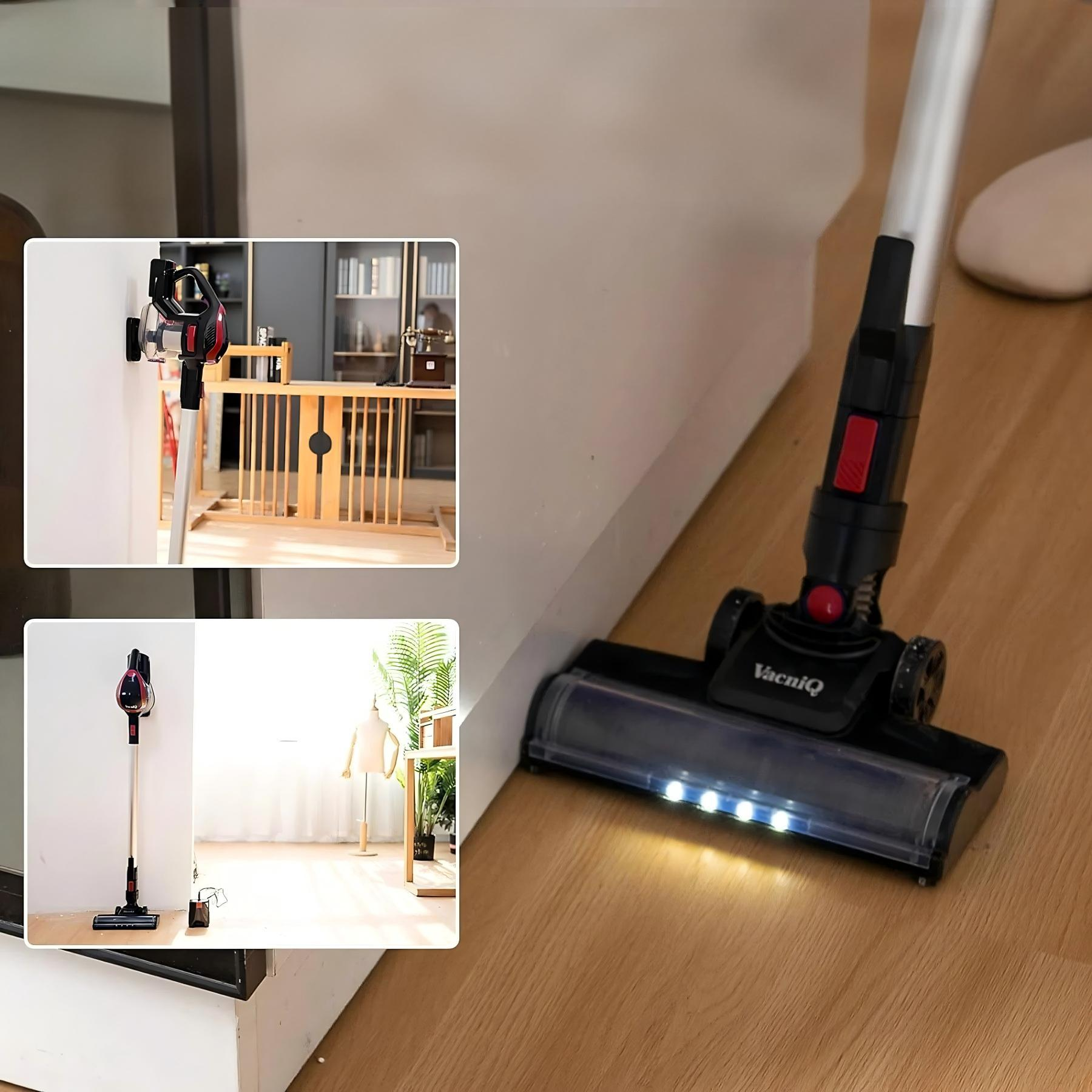 Odkurzacz VacniQ z czerwonymi akcentami. Oparty o ścianę. Inne zdjęcia odkurzacza.
