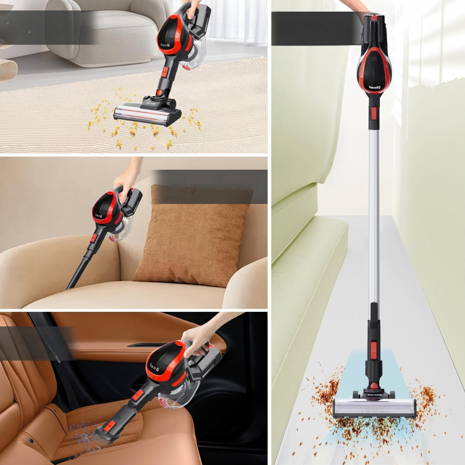 Odkurzacz ręczny w użyciu na dywanie, meblach i siedzeniu samochodowym. Odkurzacz jest czarny i czerwony.